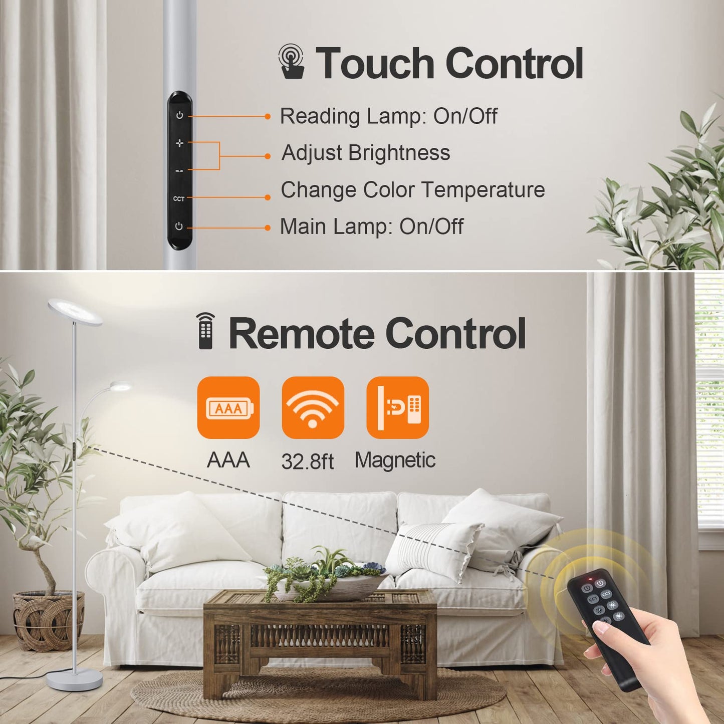 OUTON LED Floor Lamp with Adjustable Reading Lamp, 27W Main Light & 7W Reading Lamp, Dimmable Standing Lamp with 4 Color Temperature, Remote & Touch Control for Living Room Bedroom Office, Grey