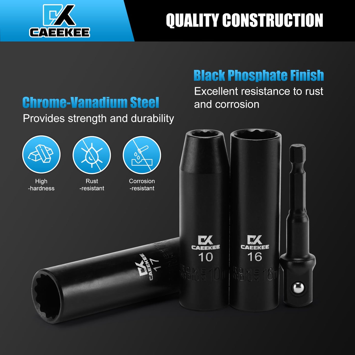 CaeeKee 12-Piece 1/2" Drive Deep Impact Socket Set, Metric (10mm - 24mm), 12-Point, Cr-V Steel, Includes Drill Socket Adapter
