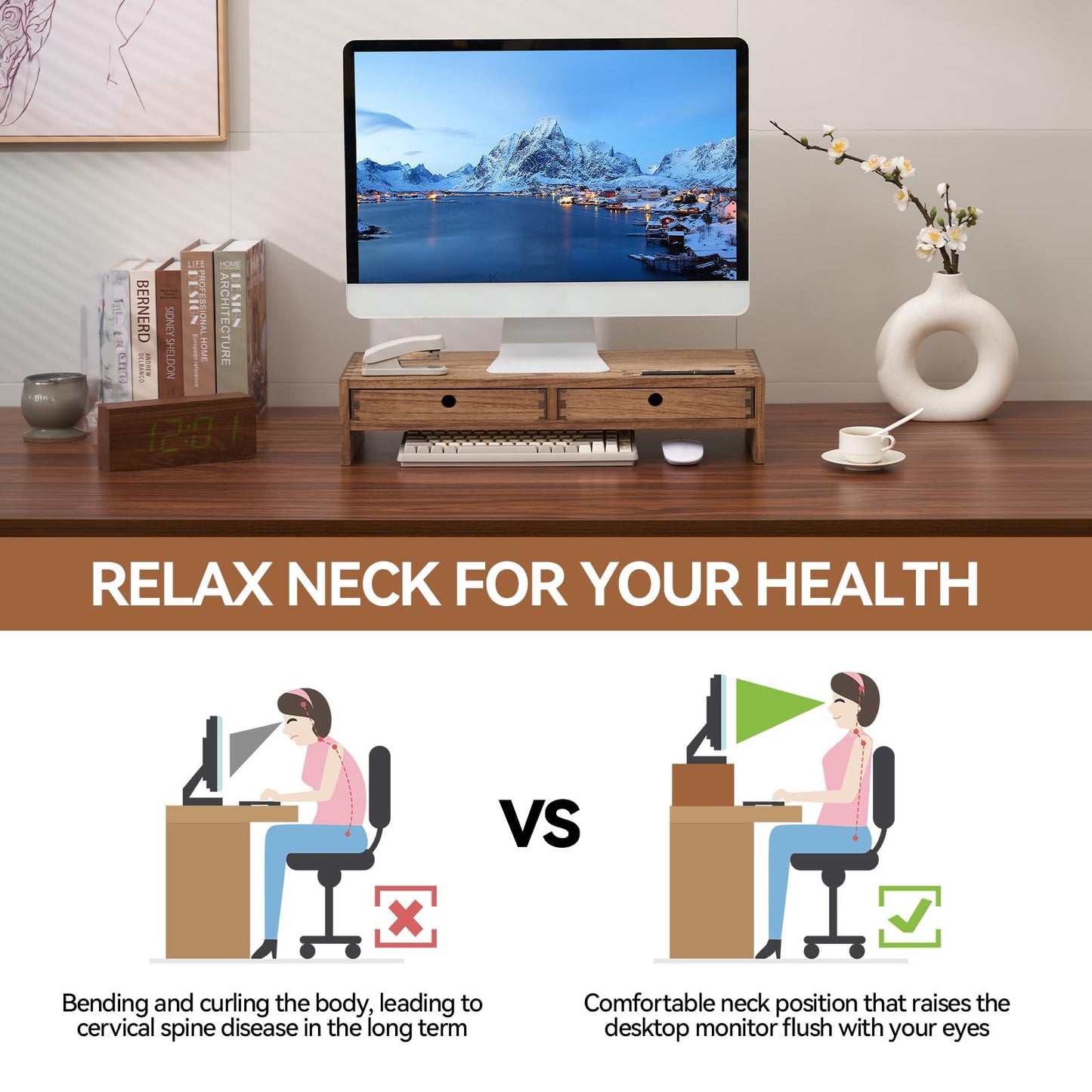 Kirigen Wood Monitor Stand with 2 Drawers - Computer Arm Riser Desk Storage Organizer,Speaker TV Laptop Printer Stand with Pen Slot and Cable Management,Dark Brown Desktop Shelf for Office DBR-2PMJ