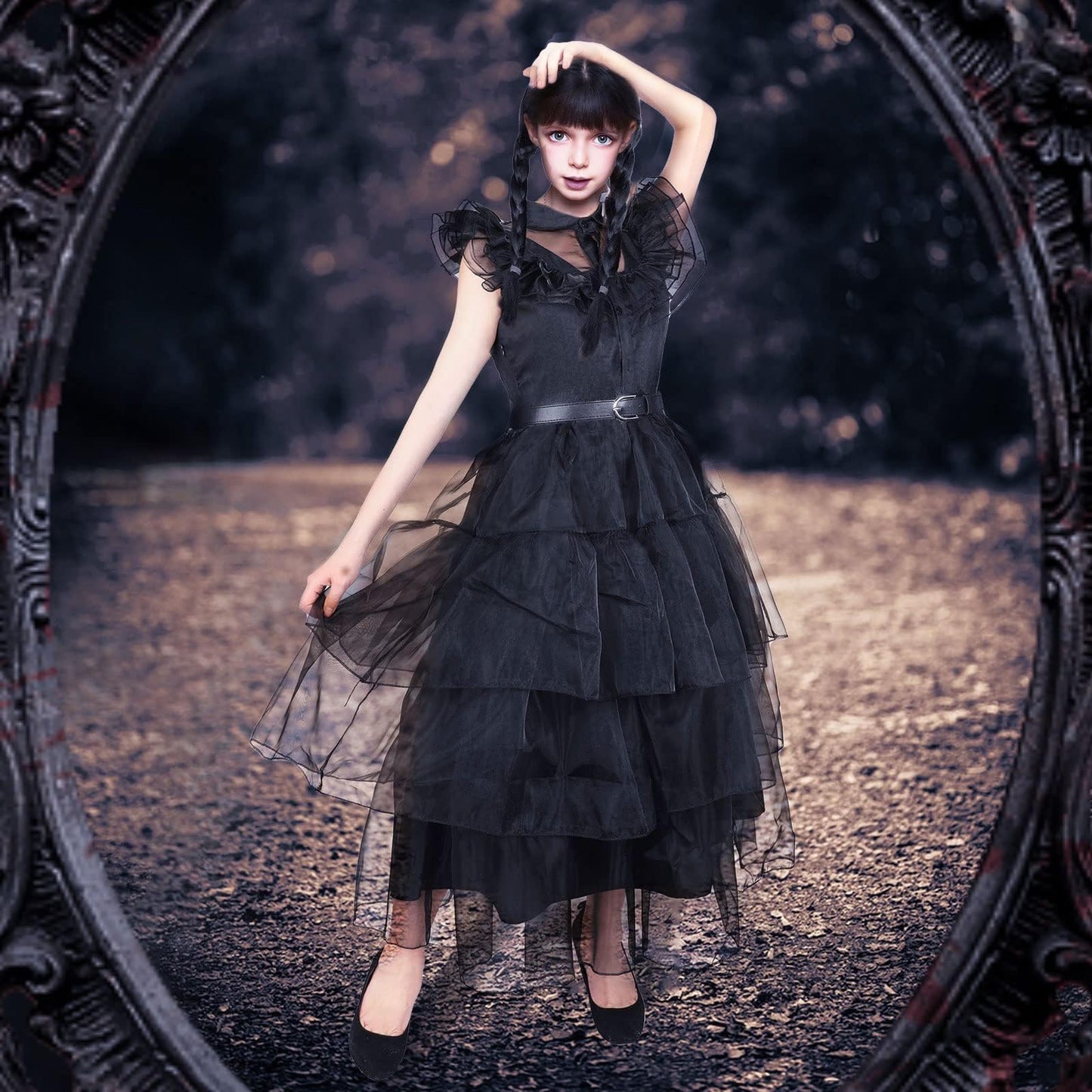 Black Costume Dress for Girls Princess Lace Tulle Skirt with Wig Socks Halloween Cosplay Party Outfit