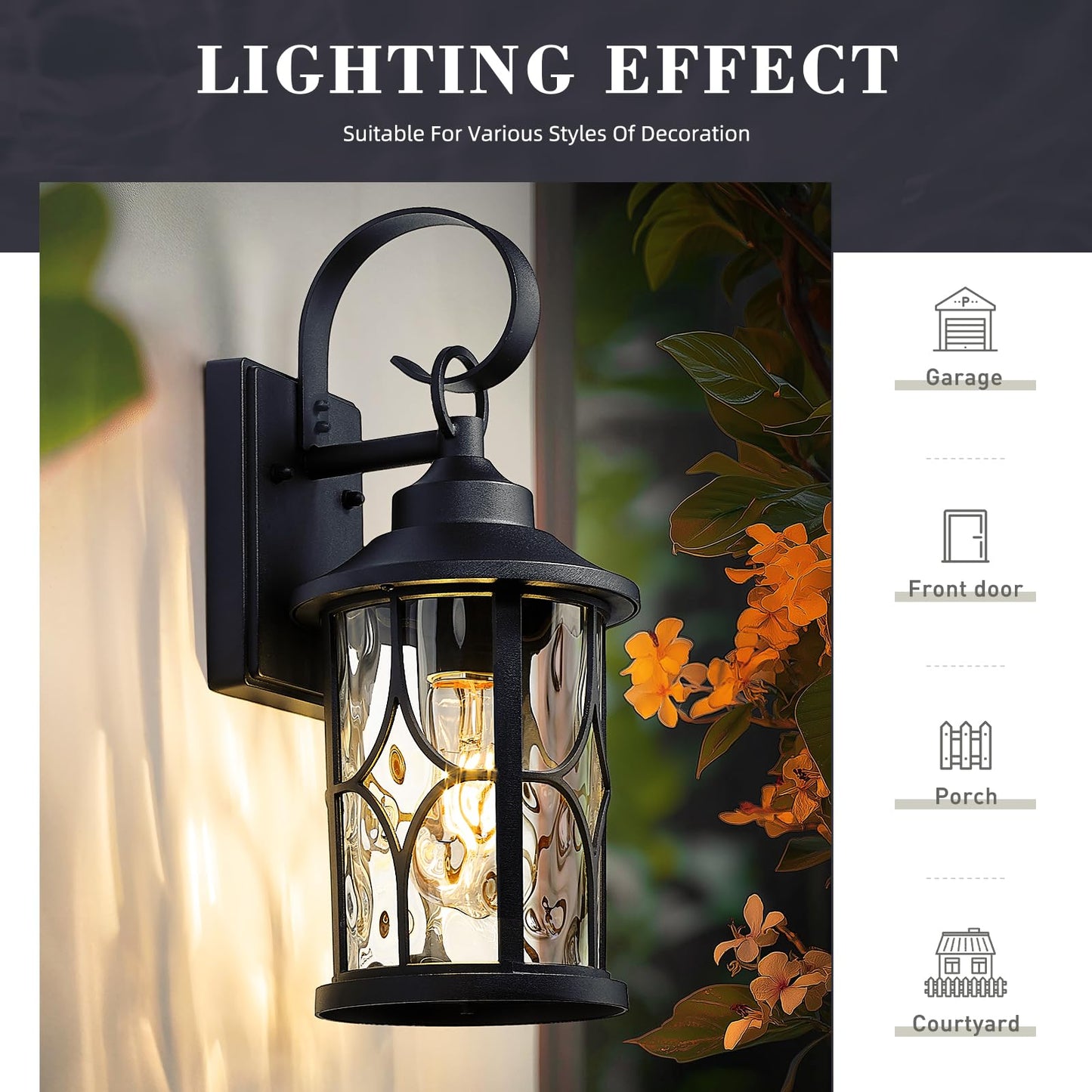 zeyu Wall Mounted Lantern Light, 15.5 Inch Outdoor Wall Light Fixtures for House in Black Finish, Die-Cast Aluminum with Water Ripple Glass, ZX111B BK-WG