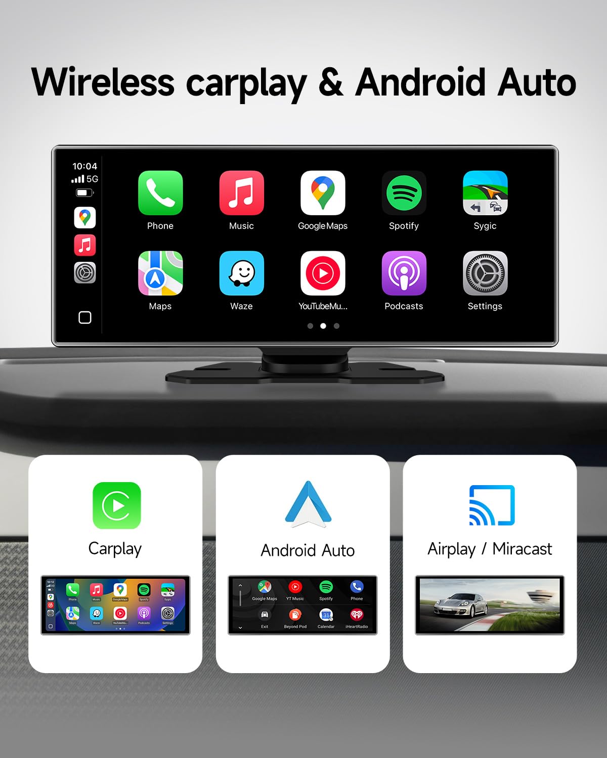 11.26'' Wireless Portable Car Play Screen for A-pple CarPlay & Android Auto, Backup Camera, Mirror Link, Bluetooth, Voice Control, GPS Navigation, FM