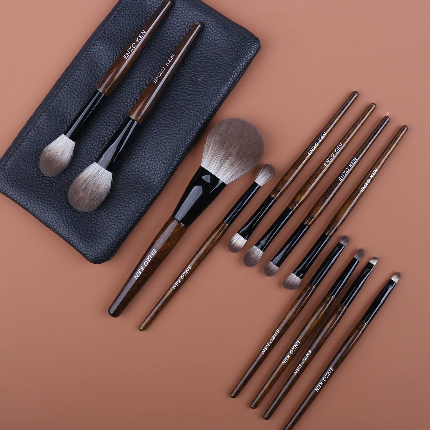ENZO KEN Natural Goat Hair Makeup Brush Set with Case, Natural Bristle Makeup Brushes, Makeup Brushes Set Professional, Walnut Cosmetic Brushes Makeup Set - MONI