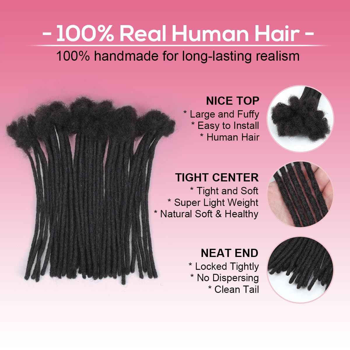 Lounoke 8 Inch 40 Strands Loc Extensions Human Hair, 0.6cm Pencle Size Dreadlock Extensions Human Hair for Women Men Full Handmade Permanent Dreads Locs(Natural Black)