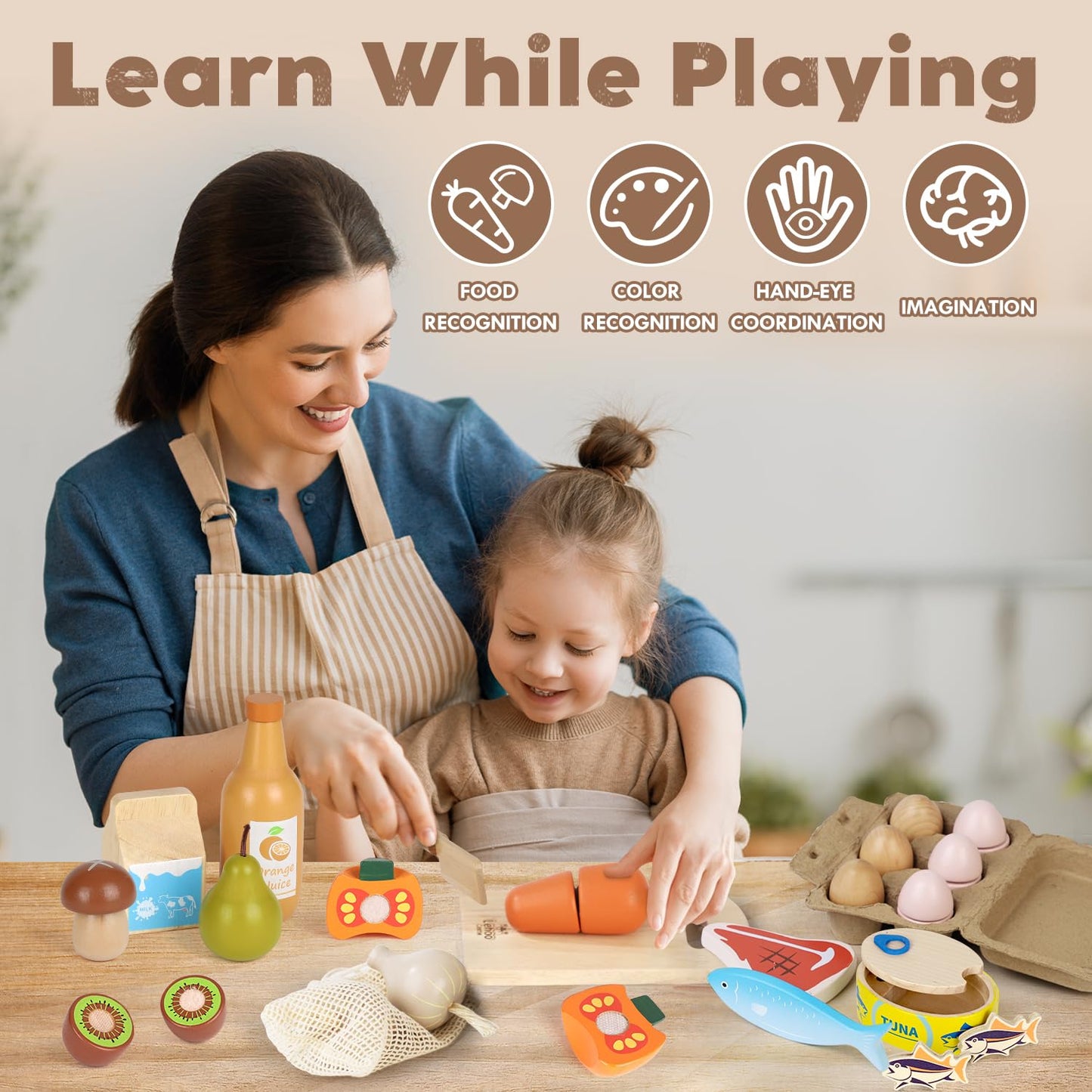 Lehoo Castle Wooden Play Food Toys, Kids Play Kitchen Accessories Toddler Cutting Fruits Vegetables Toy with Shopping Bag, Pretend Play Educational Montessori Toy Gift for Boys Girls 3+