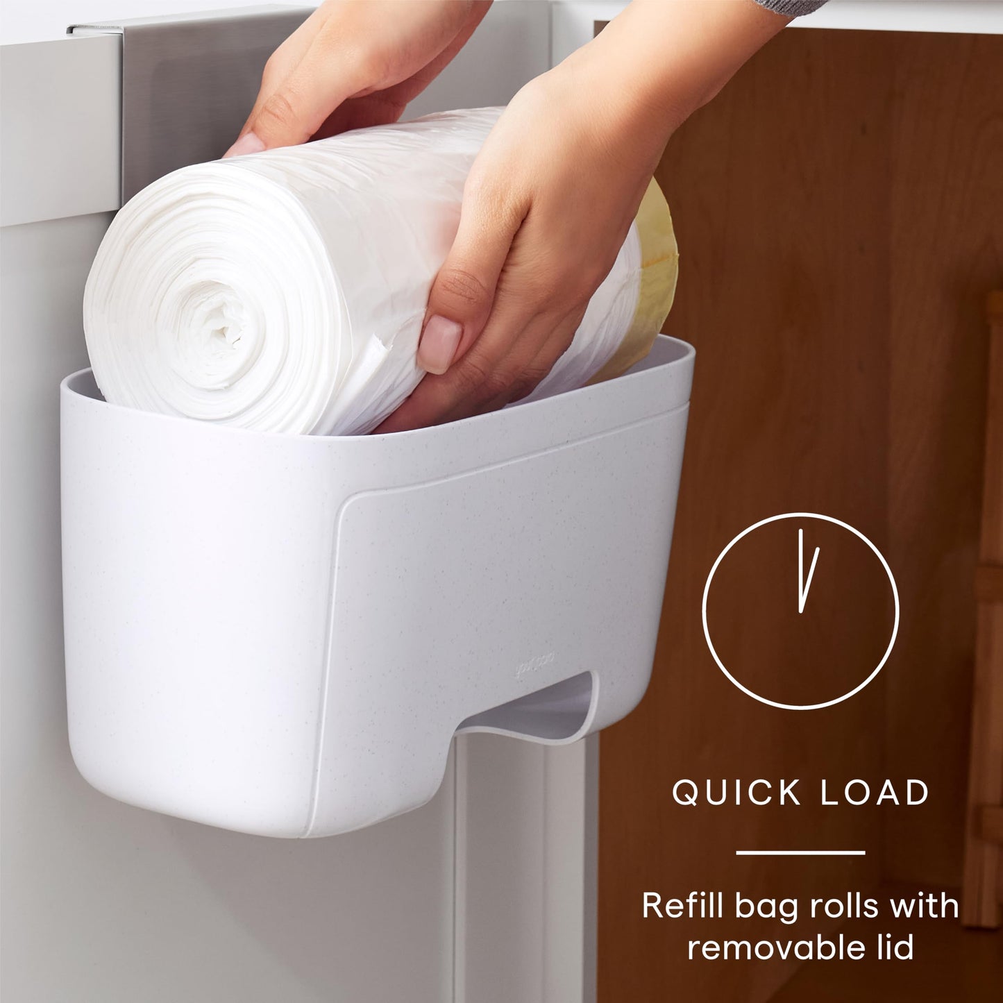 YouCopia DoorStash Garbage Bag Dispenser, Hanging Kitchen Cabinet Door Organizer with Removable Lid for Storage, Speckled White
