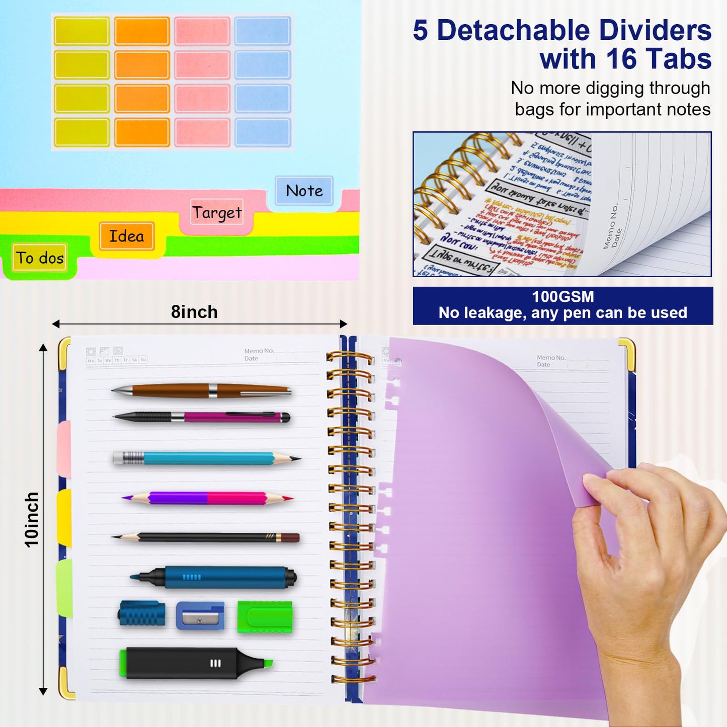 Spiral Journal Notebooks for Work, 300 Pages 5 Subject Notebook College Ruled with Dividers & Tabs, Notebook Journal for Women Students Note-Taking and Organizer (Starlit Meteor, B5(8"x10"))