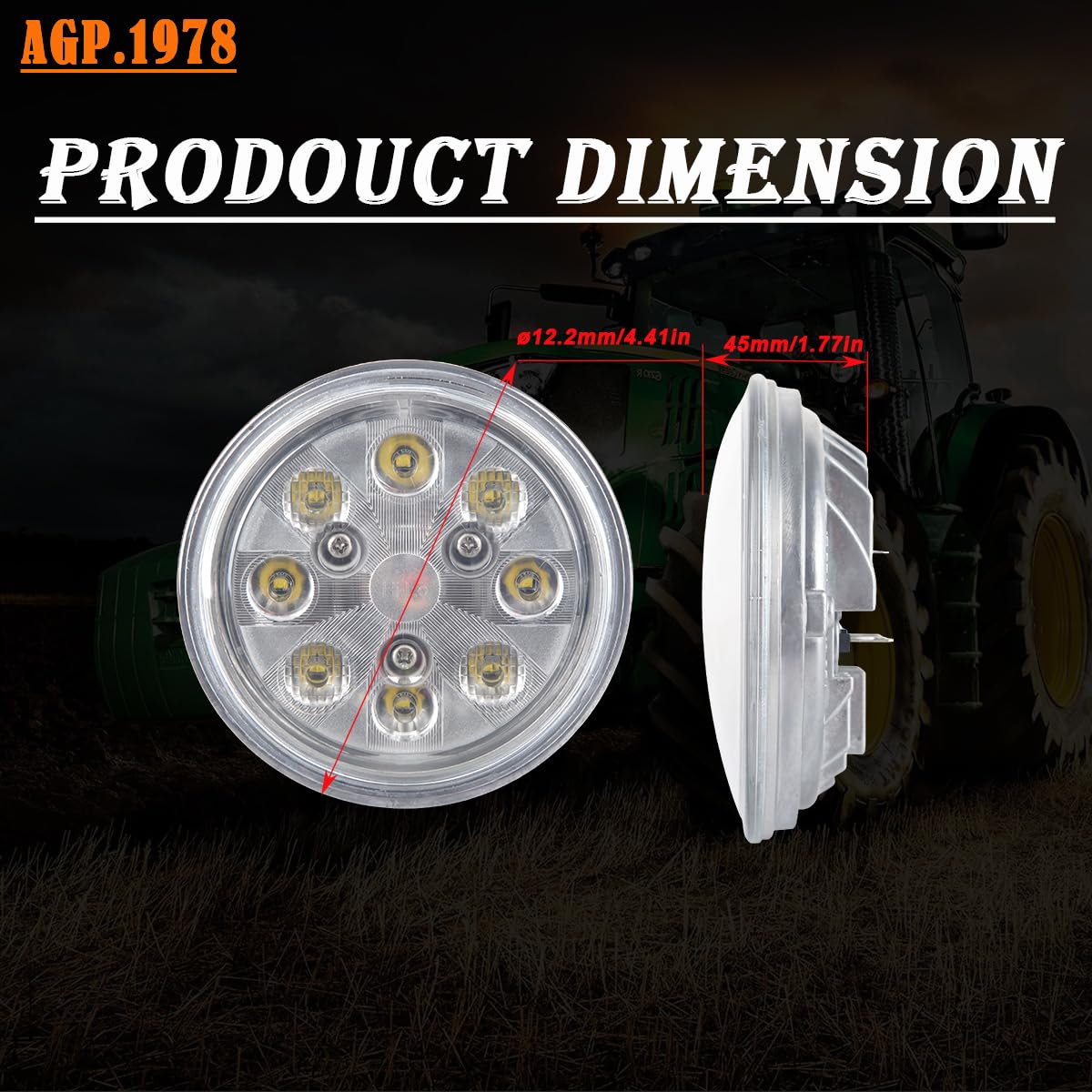 AGP.1978 2Pack 24W LED Work Light Sealed Round Hi/Lo Beam 12V Lamp Compatible with John Deere Tractor 3300, 4400, 4420, 4040