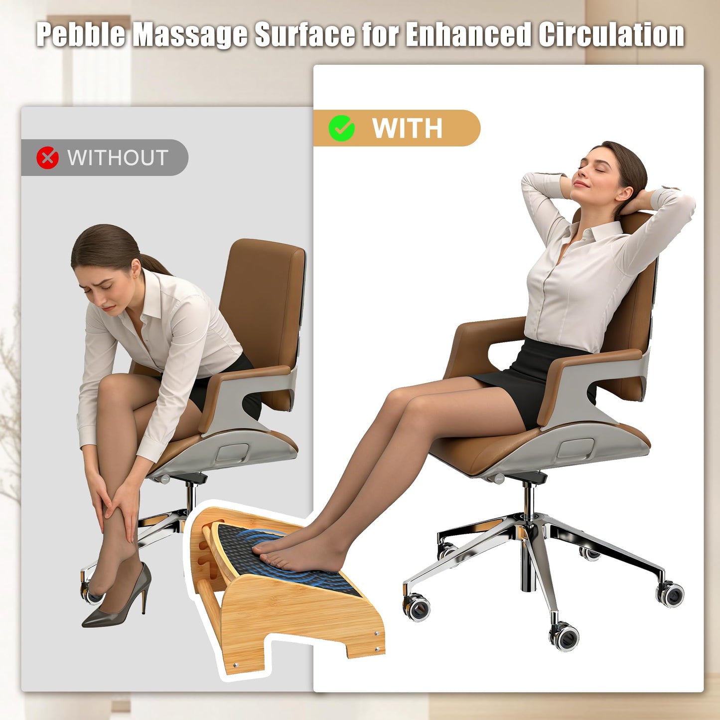 WWMFS Upgraded Under Desk footrest- Bamboo Ergonomic Adjustable Footrest with 3 Height & Angle Settings,Pebble Massage Surface for Improved Posture and Blood Circulation,Home & Office