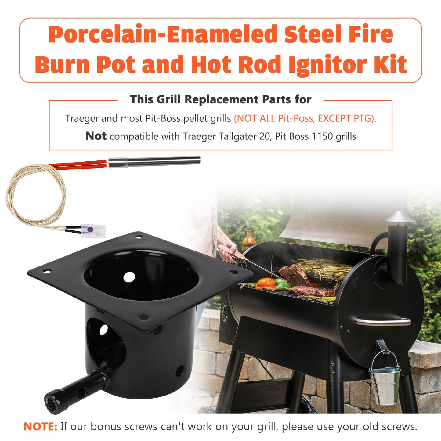 Upgraded Fire Burn Pot and Hot Rod Ignitor Kit Replacement Parts for Traeger, Pit Boss & Camp Chef Pellet Grill Smoker, Durable Fire Burner Pot with Ash Remover, Screws & Fuse, Enamel Fire Pot
