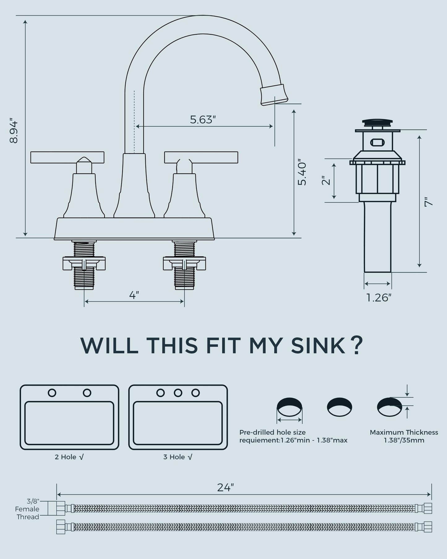 FORIOUS Bathroom Faucets for Sink 2 or 3 Hole, 4 inch Blcak Bathroom Sink Faucet with Pop-up Drain and cUPC Supply Hoses, Lead-Free 2-Handle Centerset Faucet for Basin,Vanity, RV, Matte Black