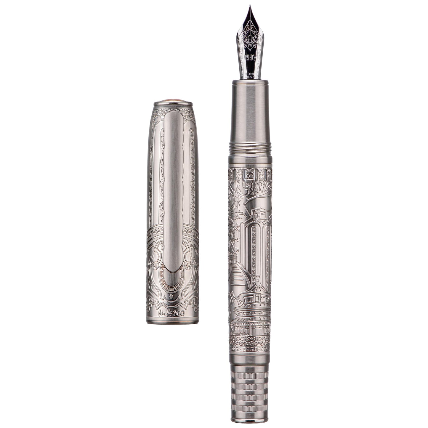 Hongdian 100 Piston Fountain Pen Silver Steel, Iridium Medium Nib Calligraphy Pen, Smooth Writing Pen with Pen Case Set
