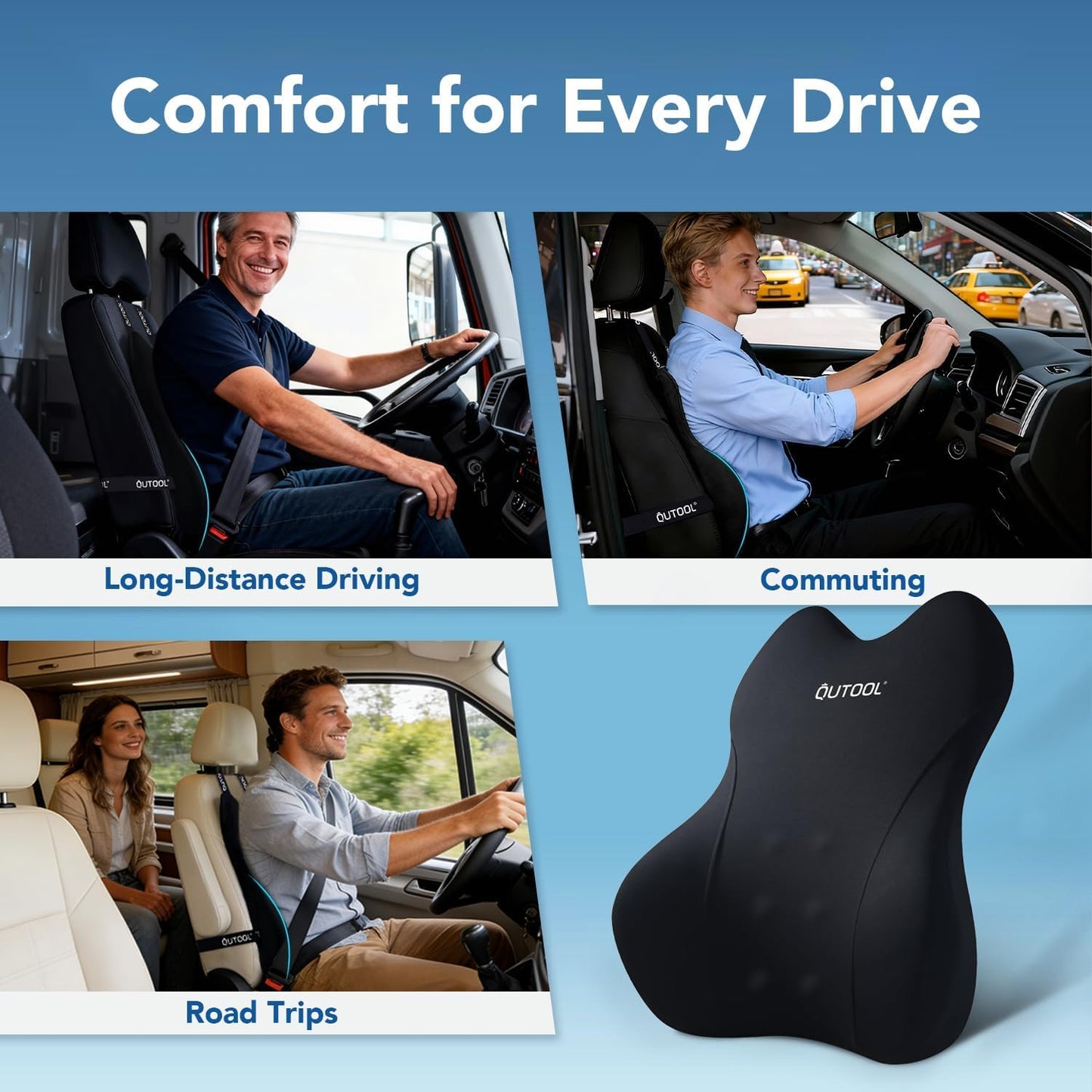 QUTOOL Lumbar Support Pillow for Car & Truck, Memory Foam Back Cushion for Driving Seat, Long-Time Driving Comfort, Washable Cover, Lower Back Support Fits Most Vehicles (Black)