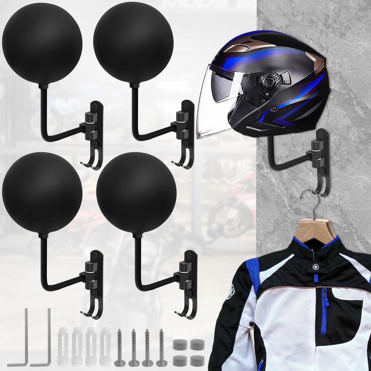VUAOHIY Helmet Holder 4 Pack, Motorcycle Helmet Rack Helmet Stand Wall Mount 180° Rotation Helmet Hanger with 2 Hook for Caps, Coat, Hats, Motorcycle Accessories
