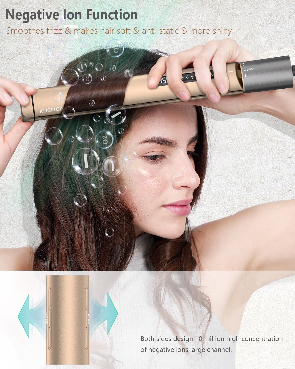 KUSNCA Hair Straightener, Professional Flat Iron Hair Straightener and Curler 2 in 1, Ceramic Negative Air Straighteners, Dual Voltage Travel Straightener, Front Anti-Scald Function, LCD 230°F-450°F, 1 Inch (Gold)