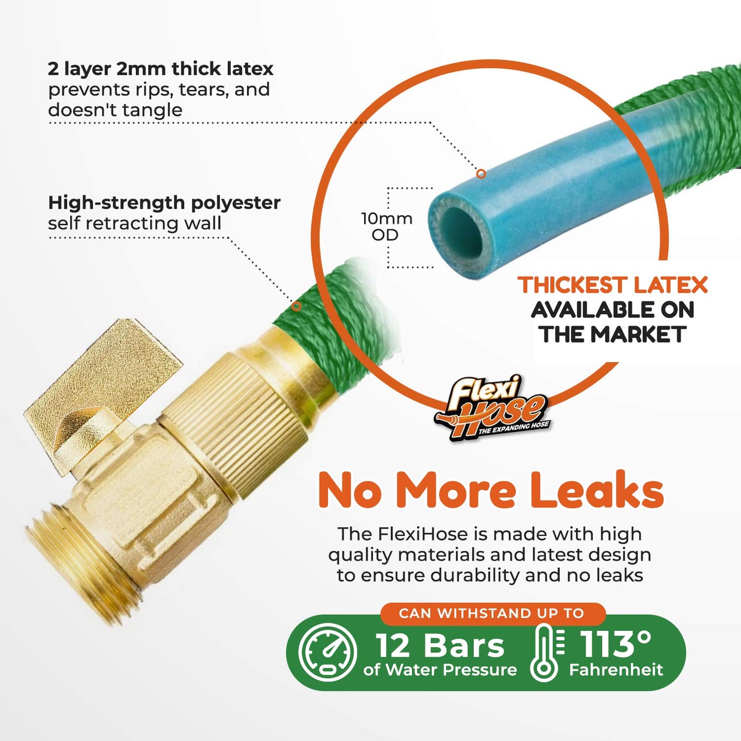 Flexi Hose Lightweight Expandable Garden Hose, No-Kink Flexibility, 3/4 Inch Solid Brass Fittings and Double Latex Core (50 FT, Green)