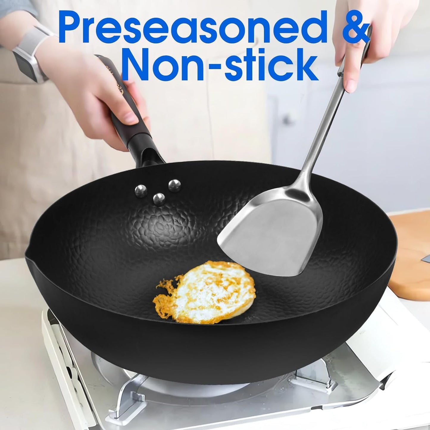 Souped Up Recipes Carbon Steel Wok for Electric, Induction and Gas Stoves (Lid, Spatula and User Guide Video Included)