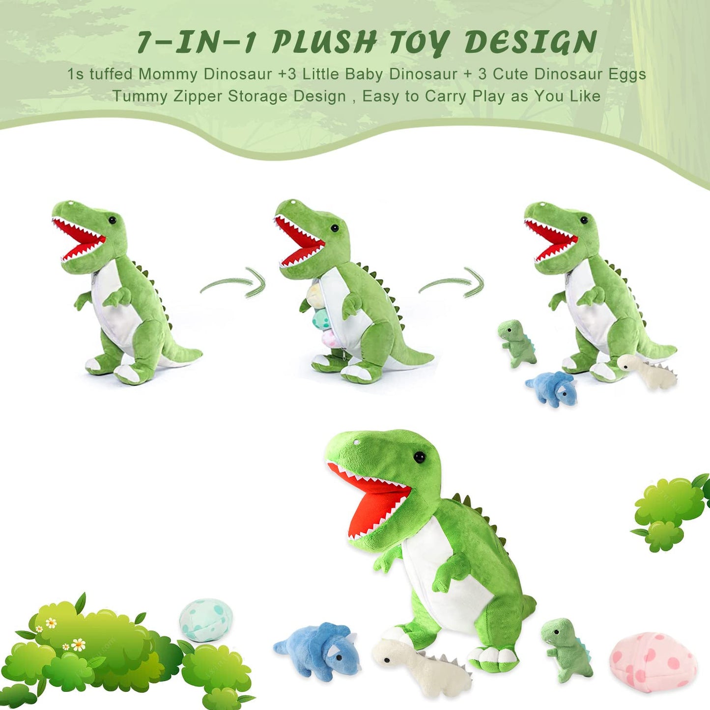 Cute Stuff Plush Dinosaur Stuffed Animal 23.6'' Mommy Stuffed Dinosaur with 3 Baby Dinosaur Plush Toys Soft Stuffed Animals Plush Gift for Children, Friends