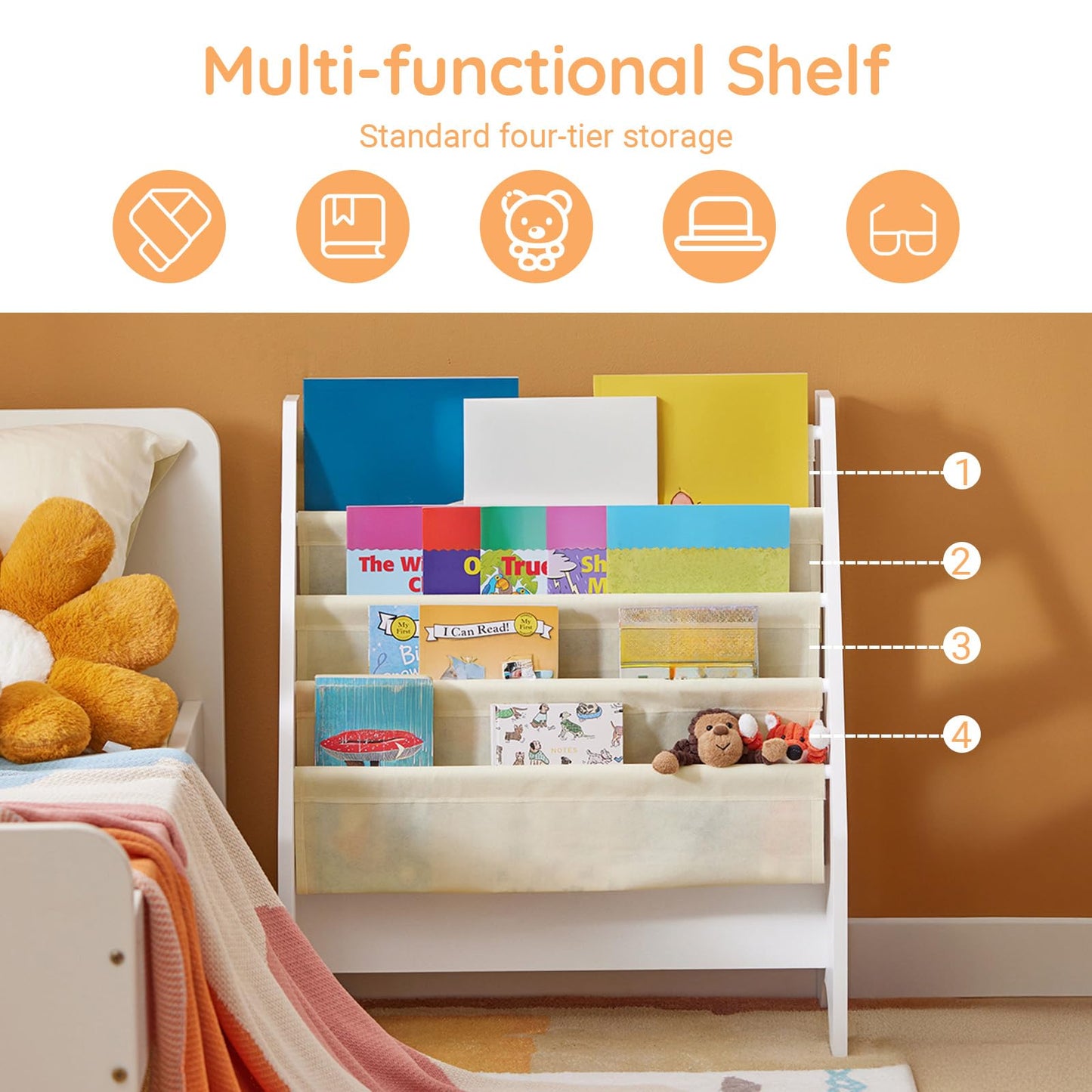 SoBuy Kids Bookshelf with 4 Fabric Sling Pockets, Montessori Front Facing Bookcase for Toddlers, Space Saving Children Book Organizer for Nursery Playroom & Bedroom, 62 x 30 x 71 cm, White FRG225-W