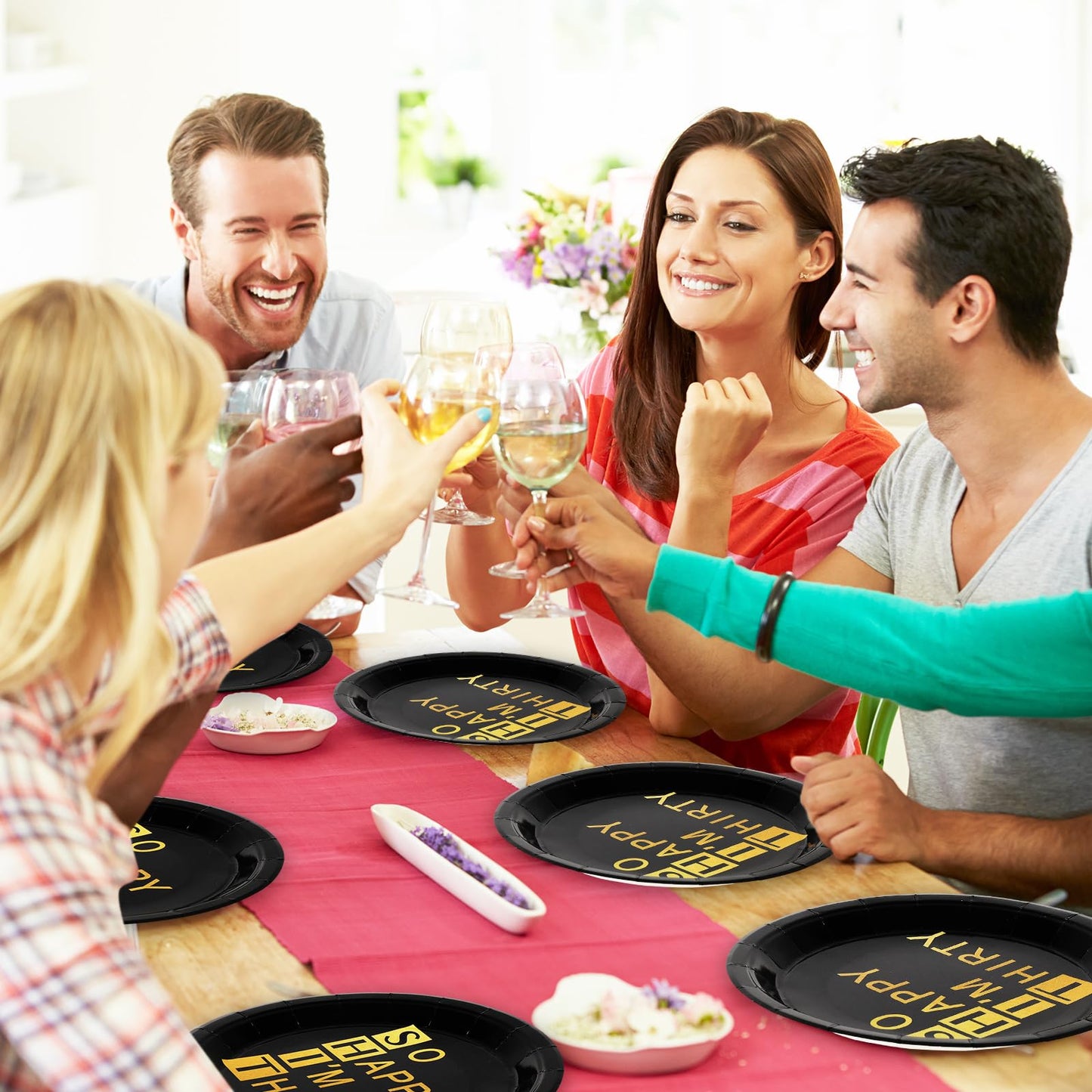 Whaline 96Pcs 30th Birthday Party Supplies Kit Black Gold Paper Tableware Plate Napkin Cup So Happy I'm Thirty Disposable Dinnerware Set for 24 Guests Party Table Decor
