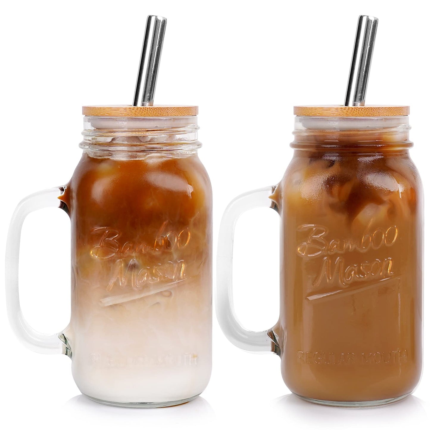ANOTION Mason Jar with Lid and Straw, 24 oz Regular Mouth Mason Jars with Handle Drinking Glasses Tumbler Reusable Cups Smoothie Water Bottles for Iced Coffee (Classic 2 Cups Style)