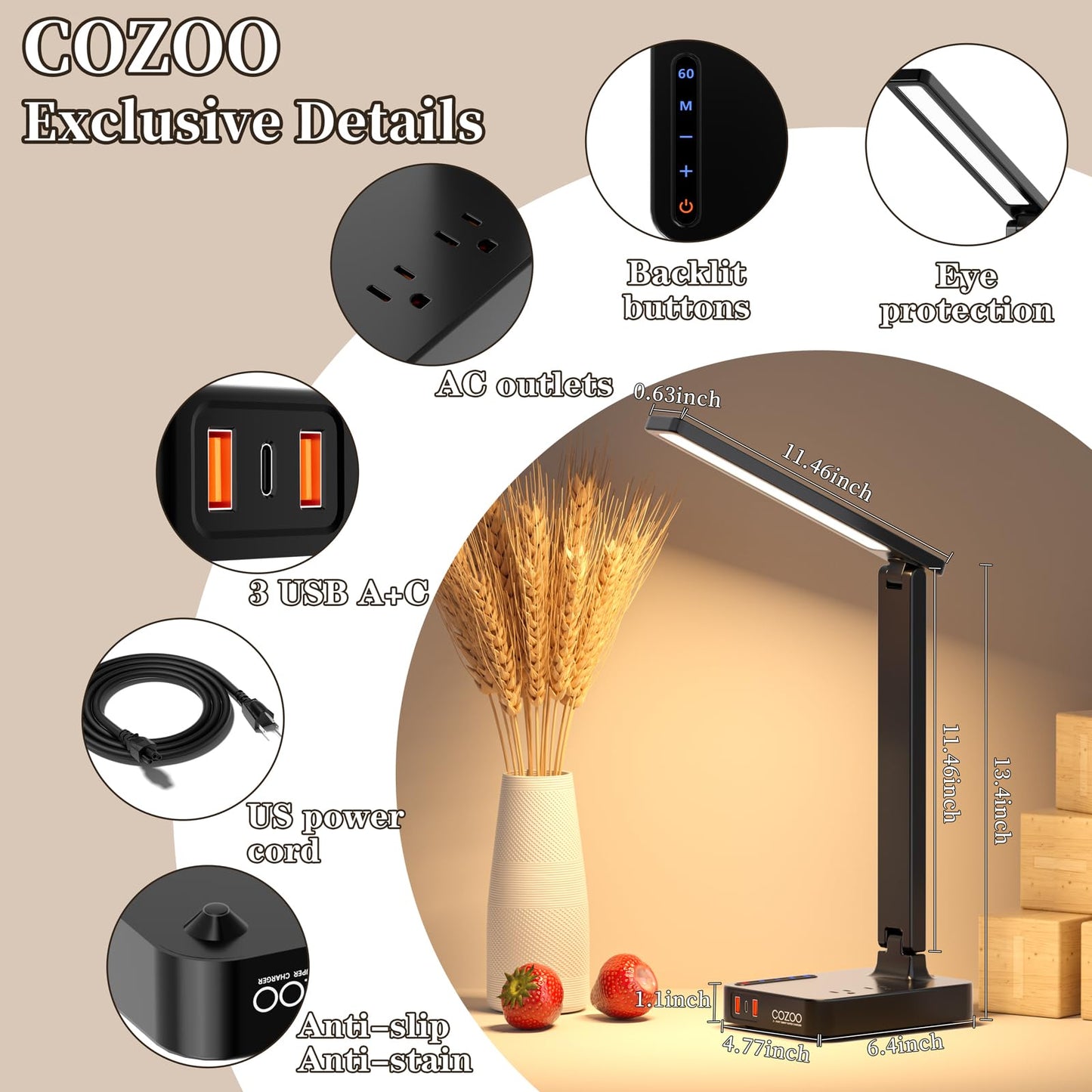 COZOO LED Desk Lamp with 3 USB Charging Ports,2 AC Outlet,3 Color Modes 3 Brightness Levels,Touch/Memory/Timer Function,Eye-Caring Home Office Foldable Natural Light Task Lamp for Reading,Study,Crafts