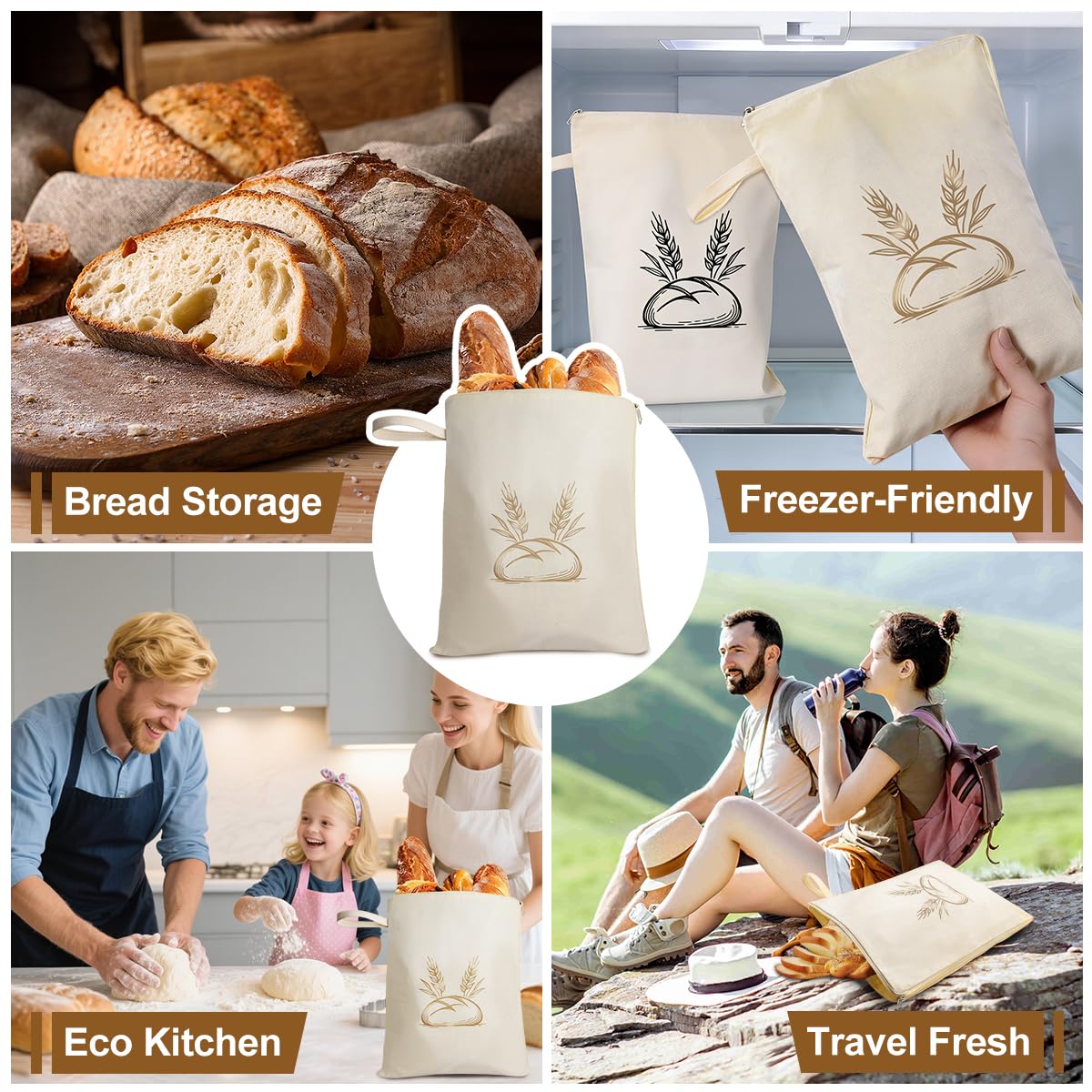 Beeswax Bread Bags for Sourdough & Homemade Bread,2 Pack XXL 17x13x1.2 Inch Reusable Organic Beeswax Linen Cotton Bread Storage with Wide Zipper Access to Keep Fresh,Sourdough Bags with Cleaning Brush