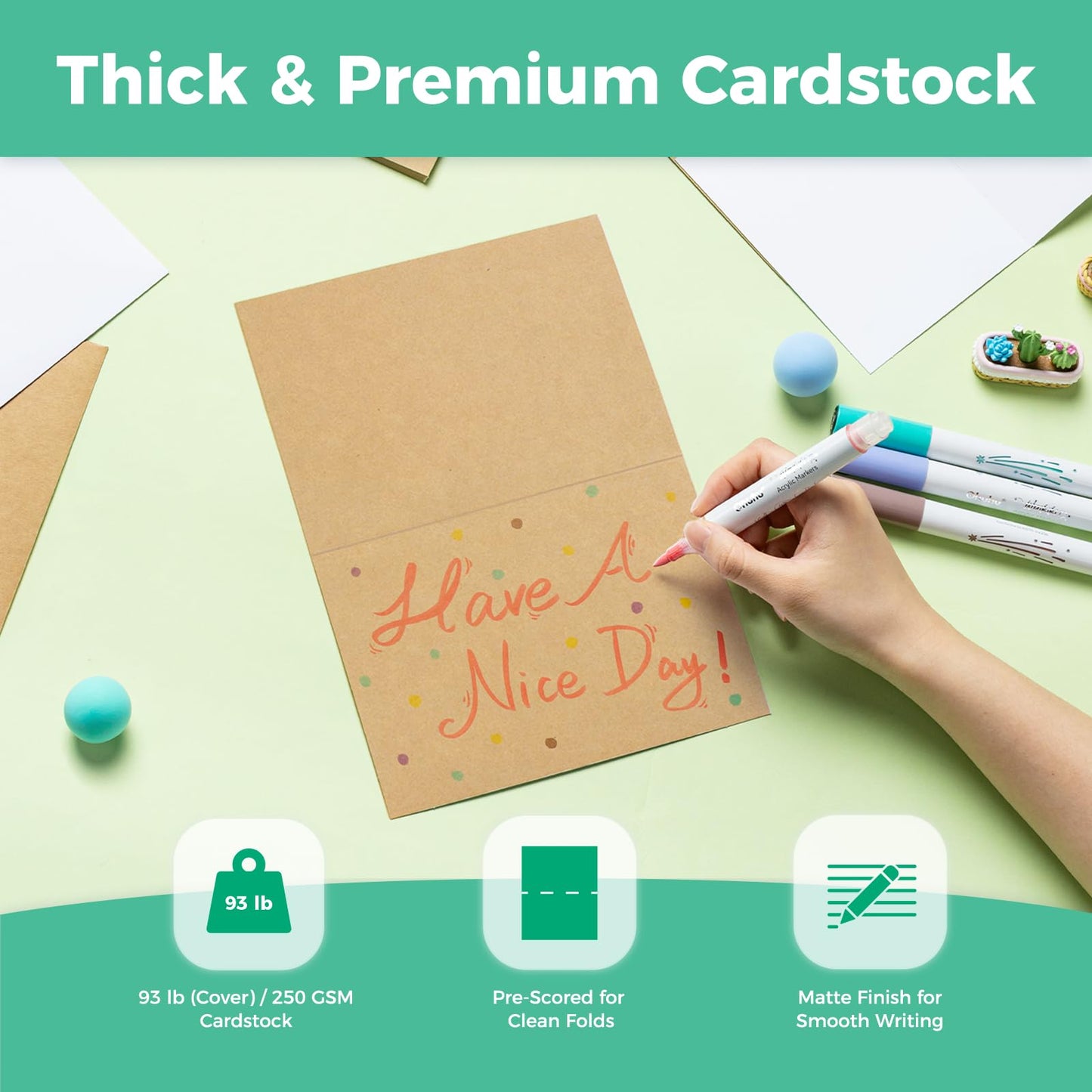 Ohuhu Blank Cards and Envelopes 100 Pack - 5 x 7 Heavyweight Kraft Paper Folded Cardstock With A7 Envelopes for DIY, Wedding, Birthday, Invitations, Thank You & All Occasion