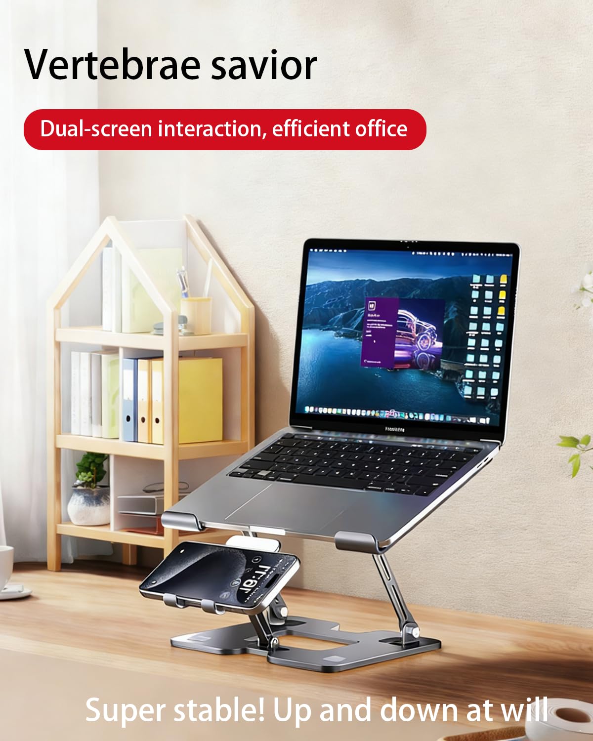 VICSDEP 2-in-1 Laptop Stand for Desk with Phone & Tablet Holder Black