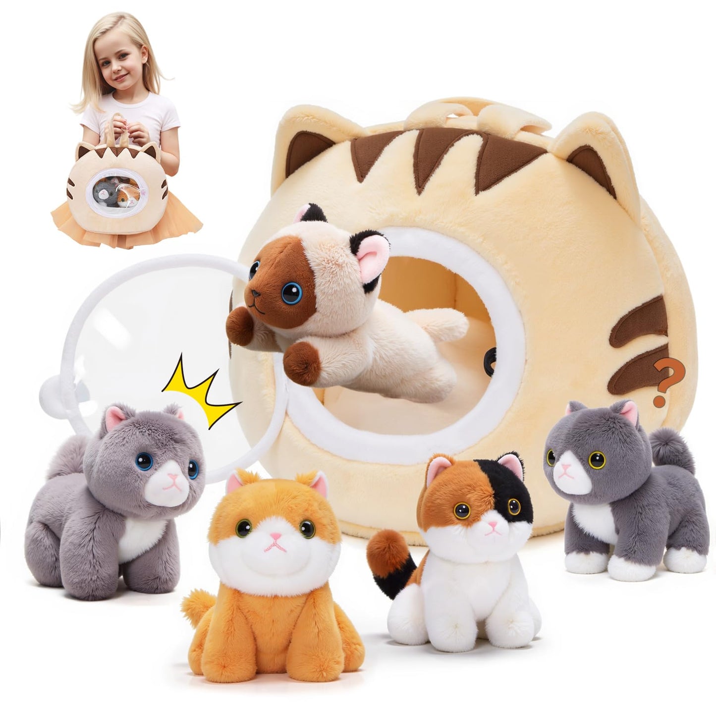 OUOZZZ Cat Stuffed Animal House – Plush Kitten Toy Set with 4 Soft Cats – Interactive & Travel-Friendly Playset for Toddlers & Kids – Huggable, Portable Birthday for Baby