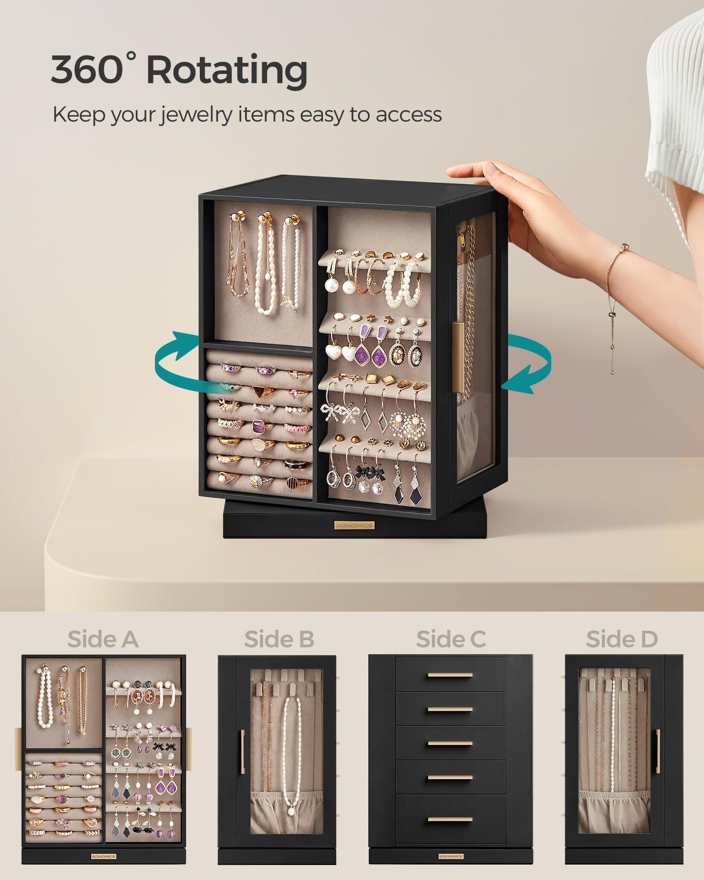 SONGMICS GISELLA Collection - Jewelry Box Organizer 360° Rotating, Large Vertical Jewelry Storage Case with 5 Drawers, Shiny Metal Hardware, Glass Window, Gift Idea, Ink Black UJBC170B01
