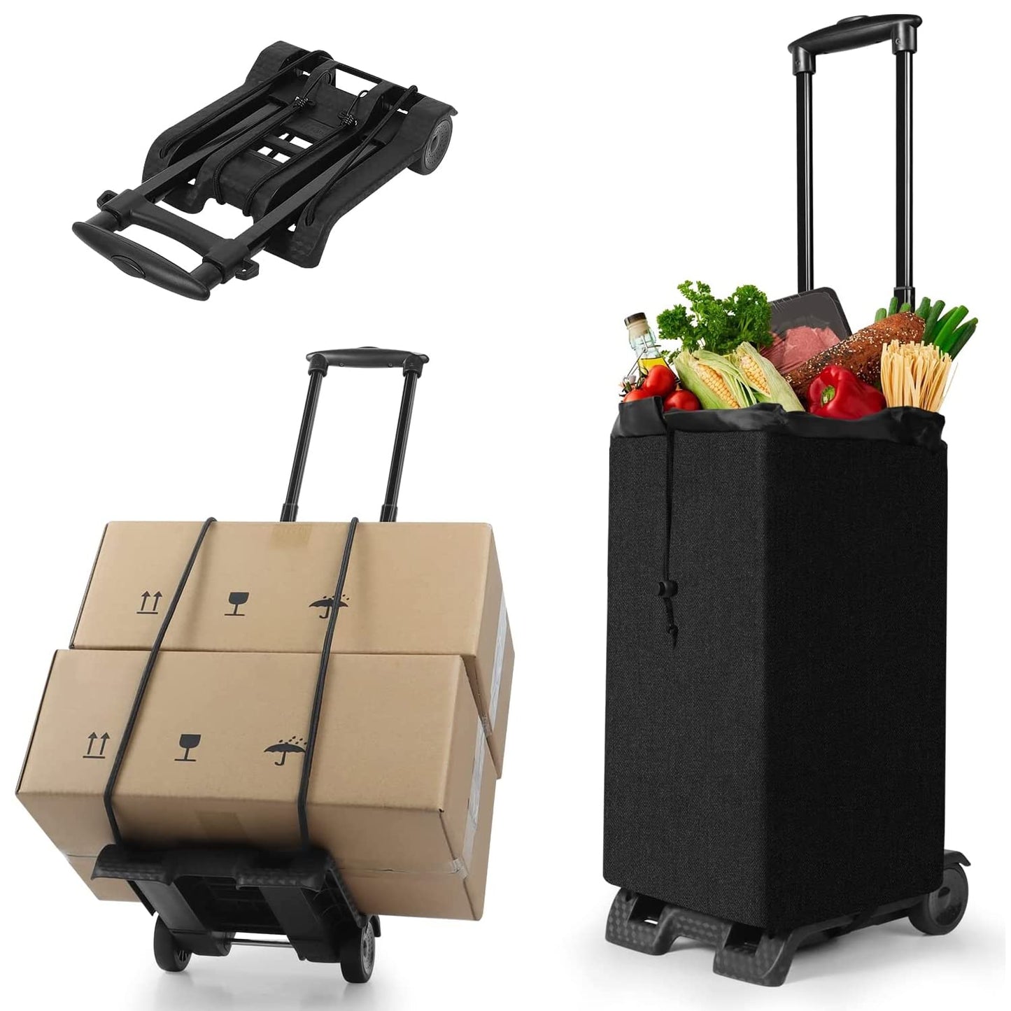 Folding Shopping Cart Utility Rolling Crate Compact Hand Truck Dolly on Wheels with Removable Waterproof Bag Telescoping Handle Heavy Duty 50kg/110lbs for Move Travel Grocery Laundry Office(Black+Bag)