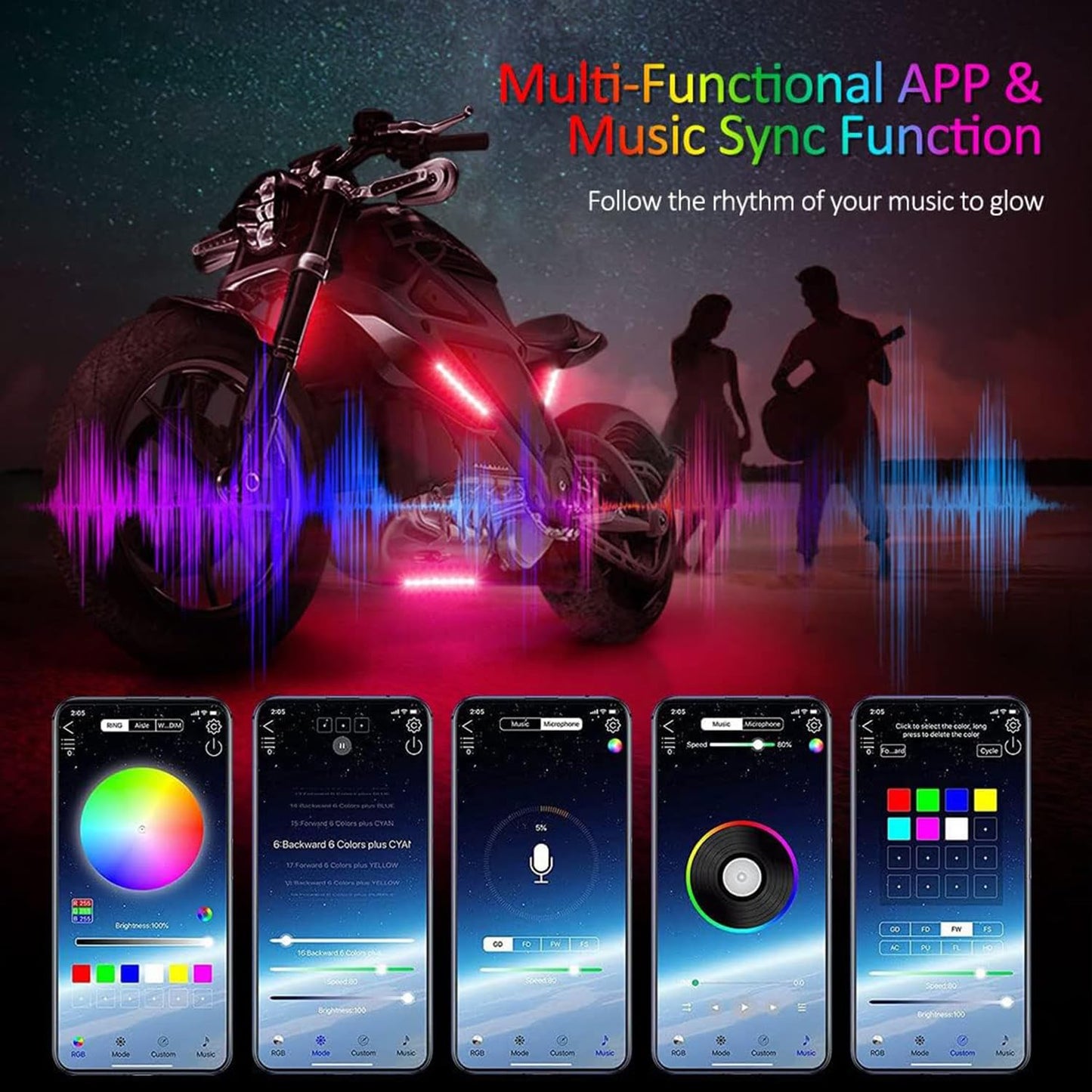 MAODANER 12pcs Motorcycle underglow LED Light Kit, RGB Motorcycle LED Interior Strip Lights with Music Mode, Brake Light Function Waterproof Motorcycle Accessories - Wireless APP Control, DC 12V