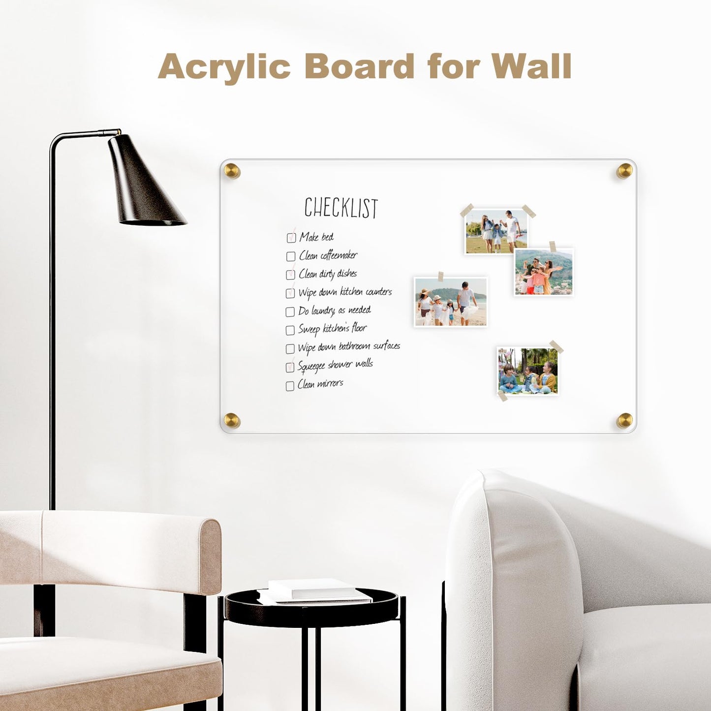 AMUSIGHT Large Clear Acrylic Dry Erase Board, 28" X 20" Golden Non-Magnetic Frameless Clear White Board for Wall, Erasable Acrylic Board for Wall, Home, Office, School, 2 Markers