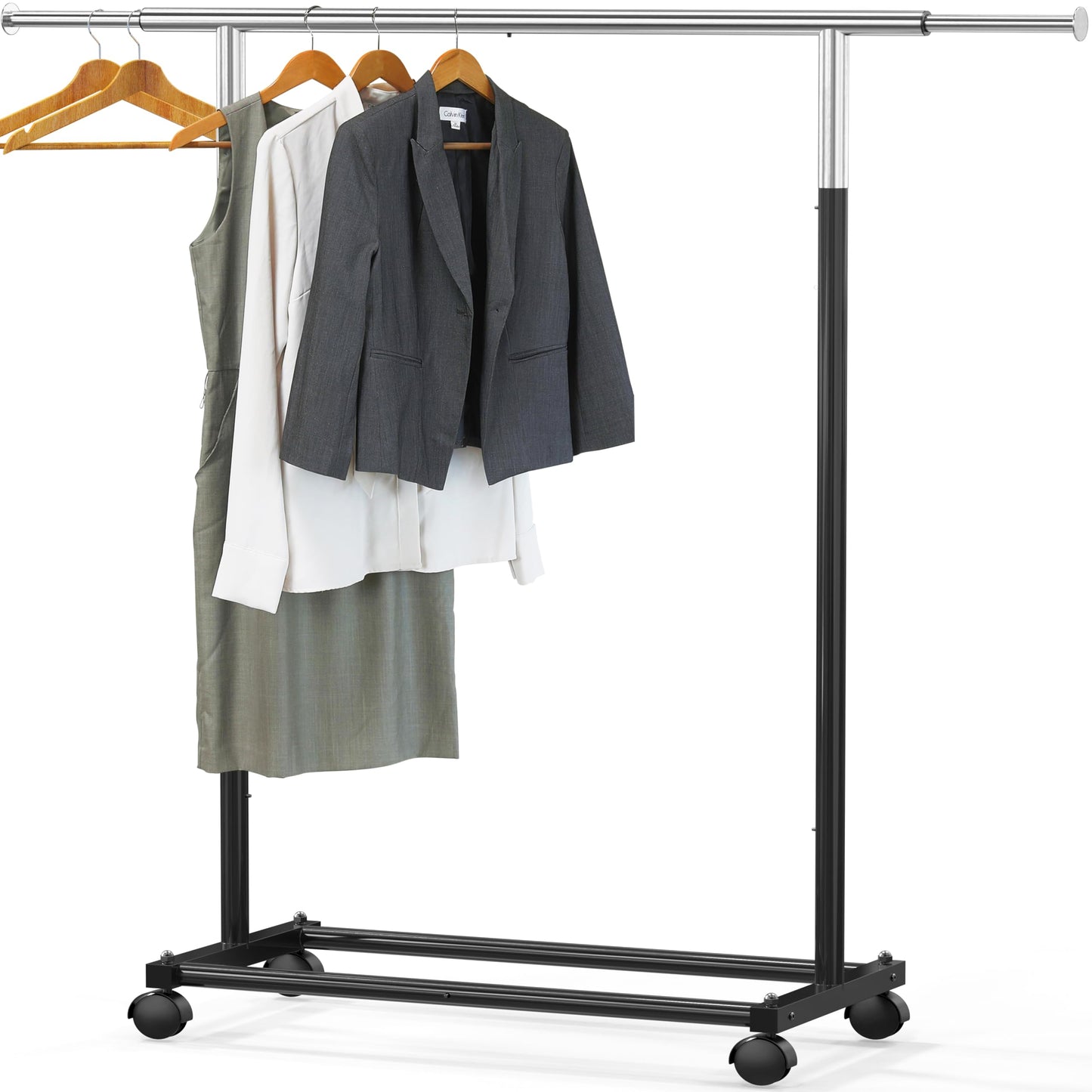 Simple Houseware Standard Rod Garment Rack - Extendable Single Rail Rolling Clothing Organizer for Bedroom, Laundry, Living Room, Black