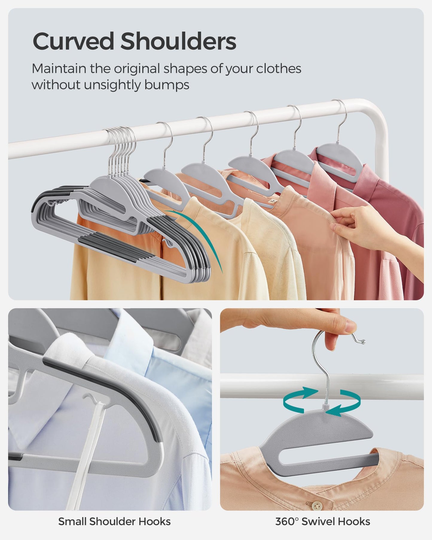 SONGMICS 50 Pack Coat Hangers, Heavy-Duty Plastic Suit Hangers, S-Shaped Opening, Non-Slip, Space-Saving, 360º Swivel Hook, 16.3 Inches Long, Light Gray and Dark Gray UCRP41G-50