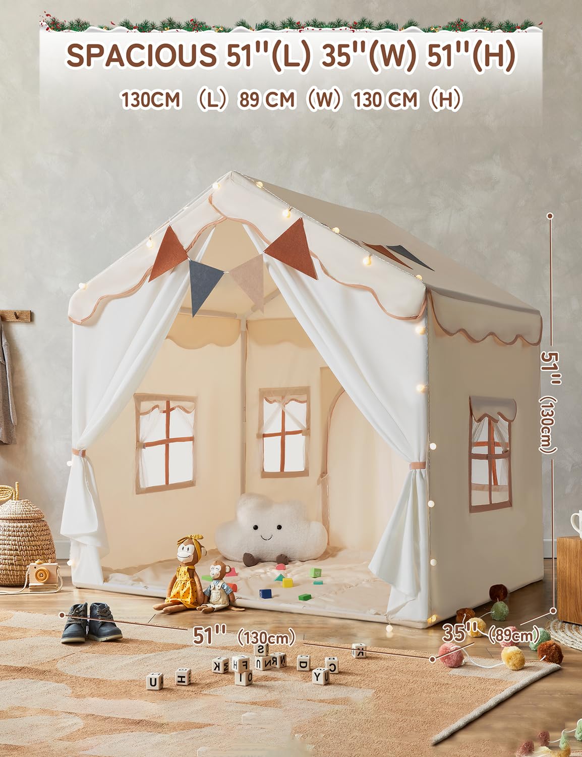 besrey Kids Tent, 2 in 1 Play Tents with Padded Mat and Lights, Large Playhouse for Kids with 2 Doors & 4 Windows, Kids Play Tent House Indoor & Outdoor, Toddler Tent for Girls Boys