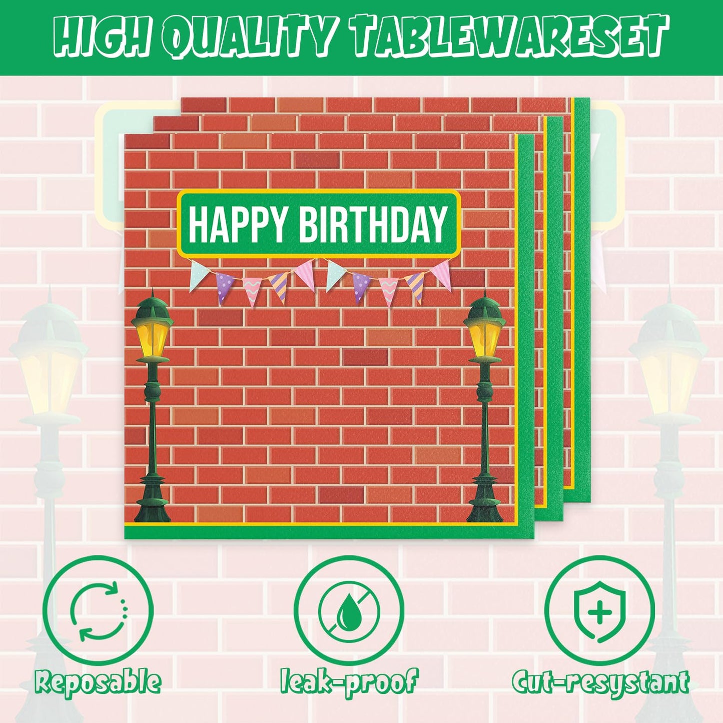 Aulecoo 40Pcs Sesame Friends Street Birthday Party Supplies Sesame Plates Napkins Tableware Dinnerware for Kids Boys Girls Birthday Baby Shower Sesame Brick Wall Party
