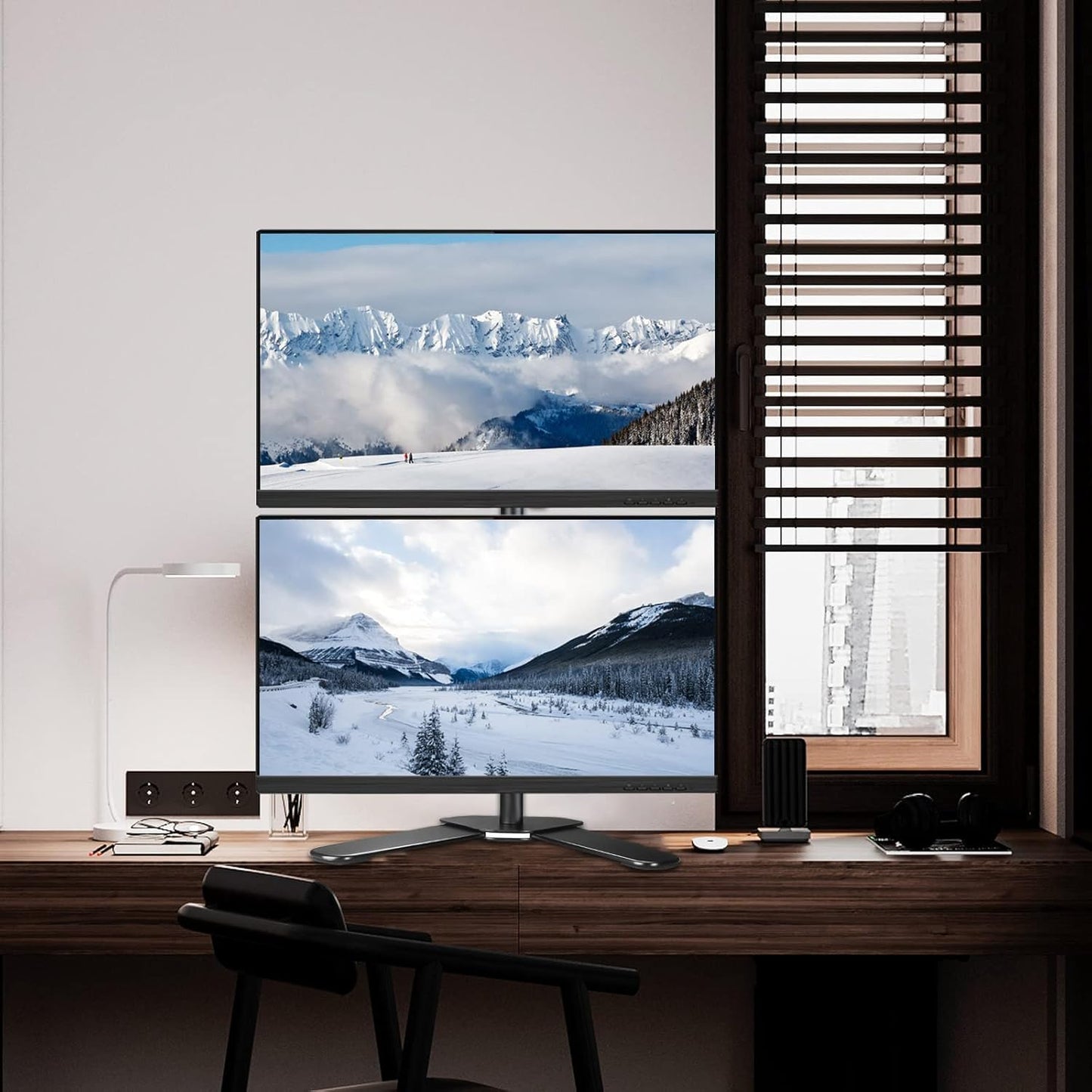 Suptek Dual LED LCD Monitor Stand up Free-Standing Desk Mount for 2 / Two Screens up to 27 inch Extra Tall 31.5 inch Pole Heavy Duty Fully Adjustable Stand Vertical Array (ML6802)