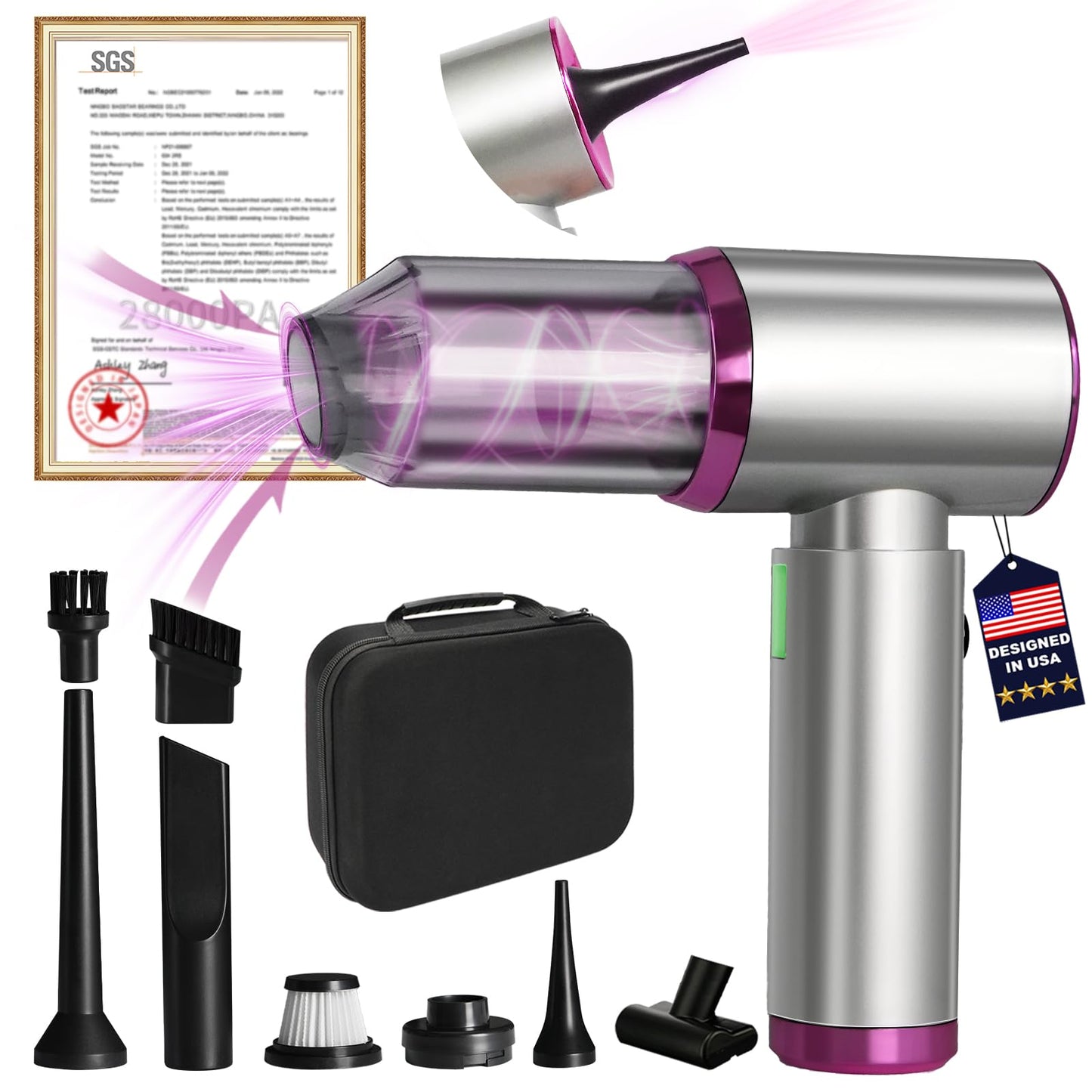7-In-1 US-Designed Car Vacuum Cleaner【Powerful Brushless Motor | 28,000 Pa Suction】【5.0 Graphene Battery | Lasting Endurance】Handheld Vacuum Cordless for Home,Office, and Pet Hair-N3 (Silver and Pink)