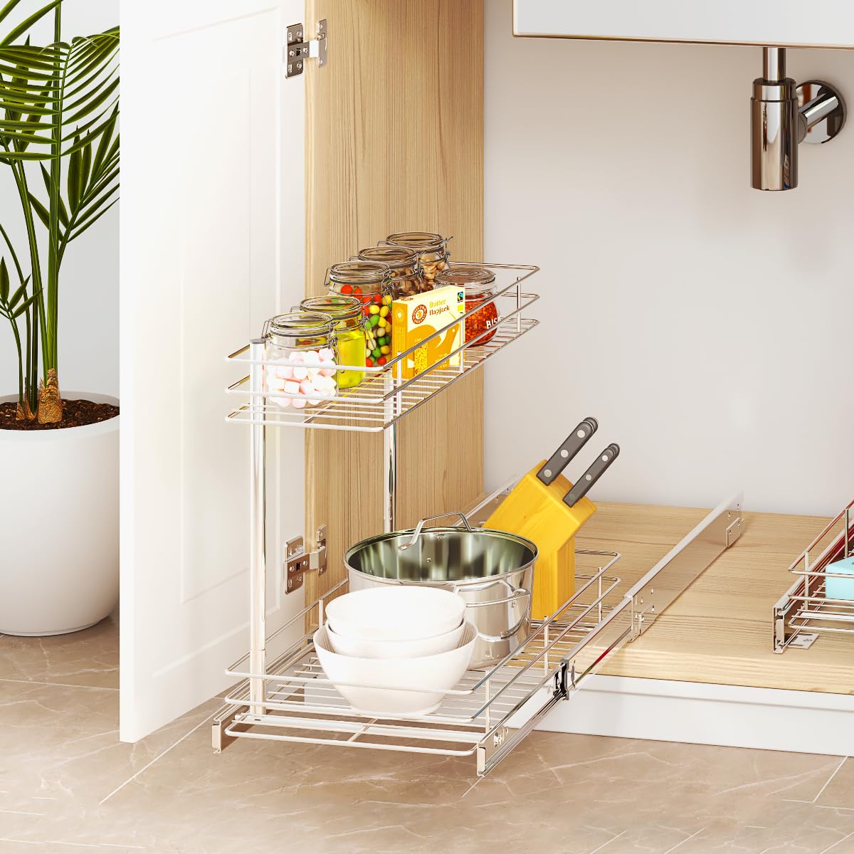 FANHAO Pull Out Cabinet Organizer, 2 Tier Wire Basket Under Sink Slide Out Storage Shelf with Sliding Drawer Storage - 10.43W x 17.32D x 14.56H, Request at Least 12 inch Cabinet Opening, Chrome
