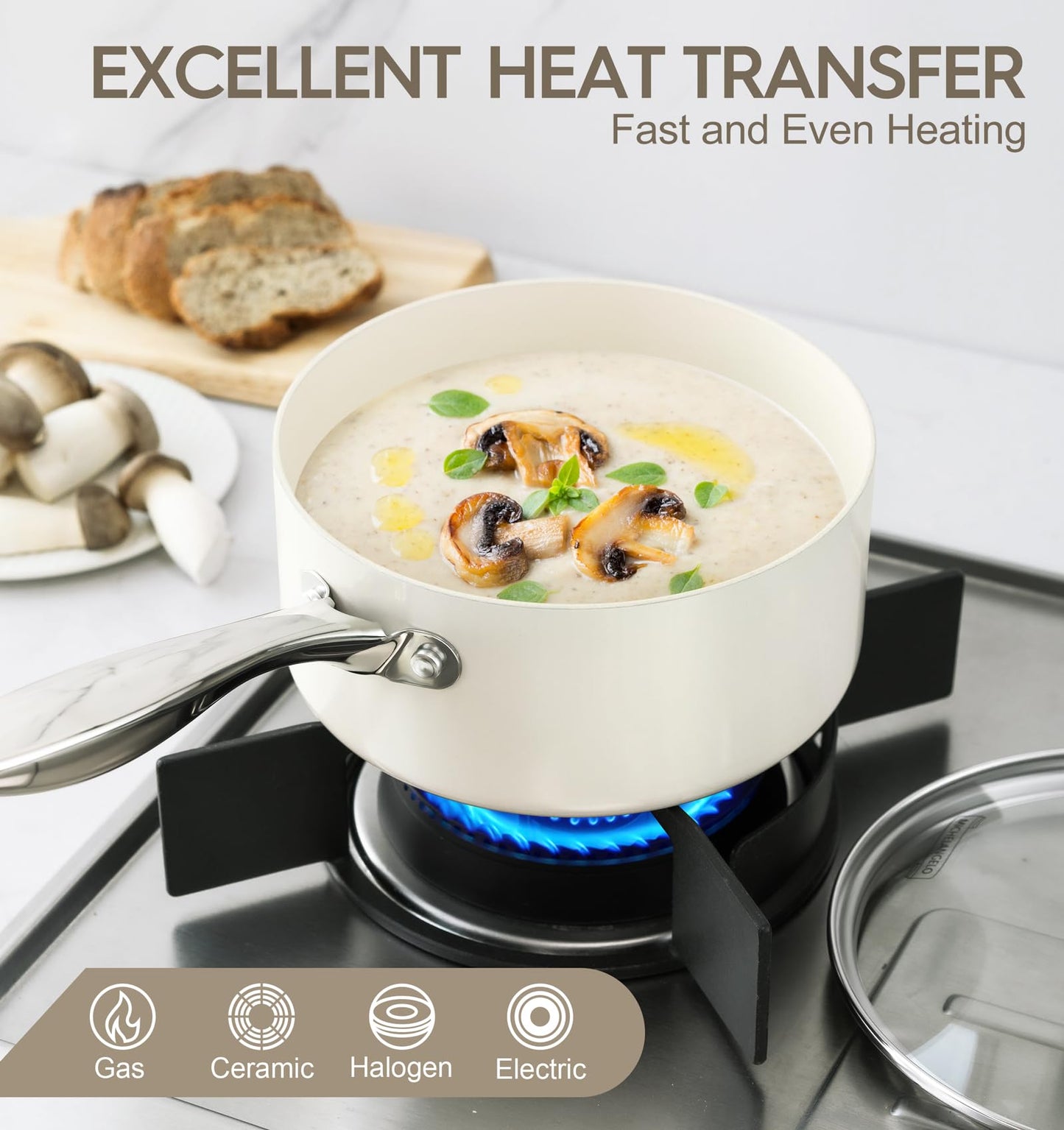 MICHELANGELO Non Stick Sauce Pan Sets, Ceramic Sauce Pan with Lid, Nonstick Saucepan Set, 1Qt & 2Qt & 3 Qt Sauce Pots for Cooking, Non Toxic Sauce Pot, Induction Compatible, White