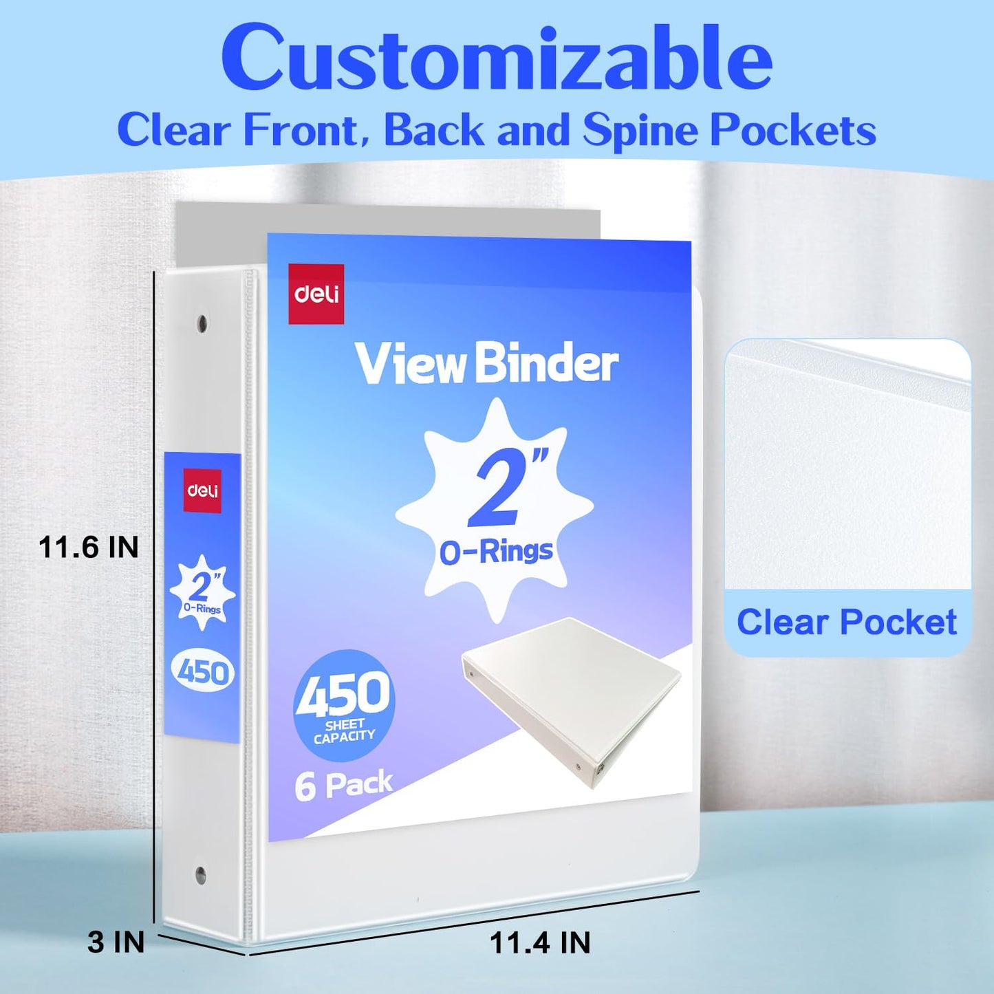 Deli 2-inch 3 Ring Binder with 2 Interior Pockets, 450 Sheets Capacity, 2 inch Binders fits 11" x 8.5" US Letter Size, White, 6 Pack