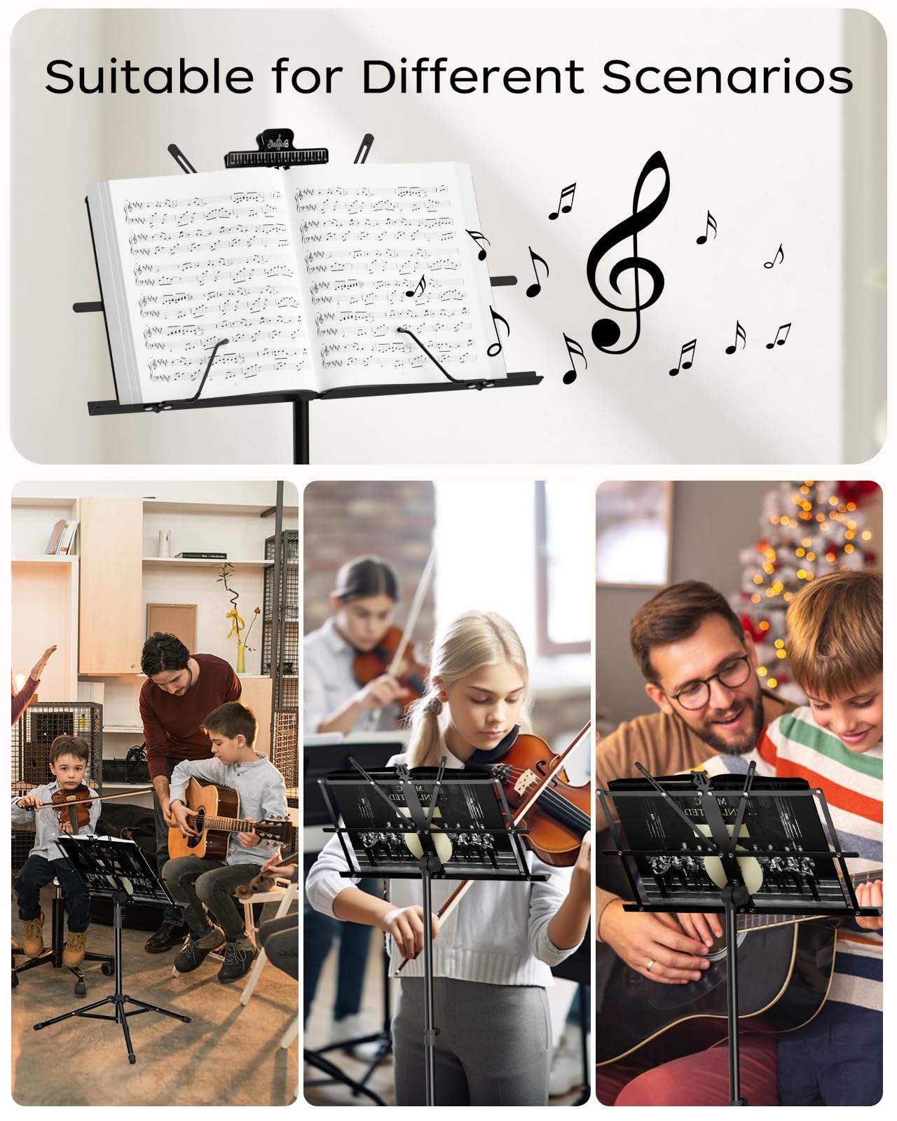 Music Stand, Kasonic 2 in 1 Dual-Use Folding Sheet Music Stand & Desktop Book Stand, Portable and Lightweight with Music Sheet Clip Holder & Carrying Bag Suitable for Instrumental Performance (Black 2Pack)