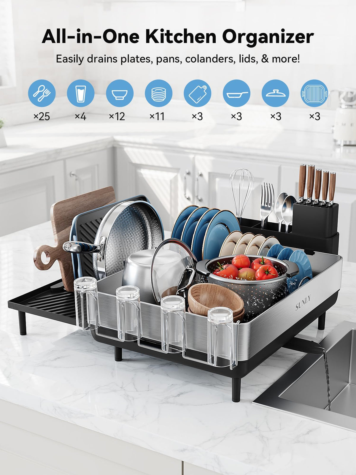 SUNLY Large Dish Drying Rack, for Kitchen Counter, Space Saving 304 Stainless Steel Dish Racks with Drain Board, Extra Large Dish Drainer with Multifunctional Flip Up Pegs, Black
