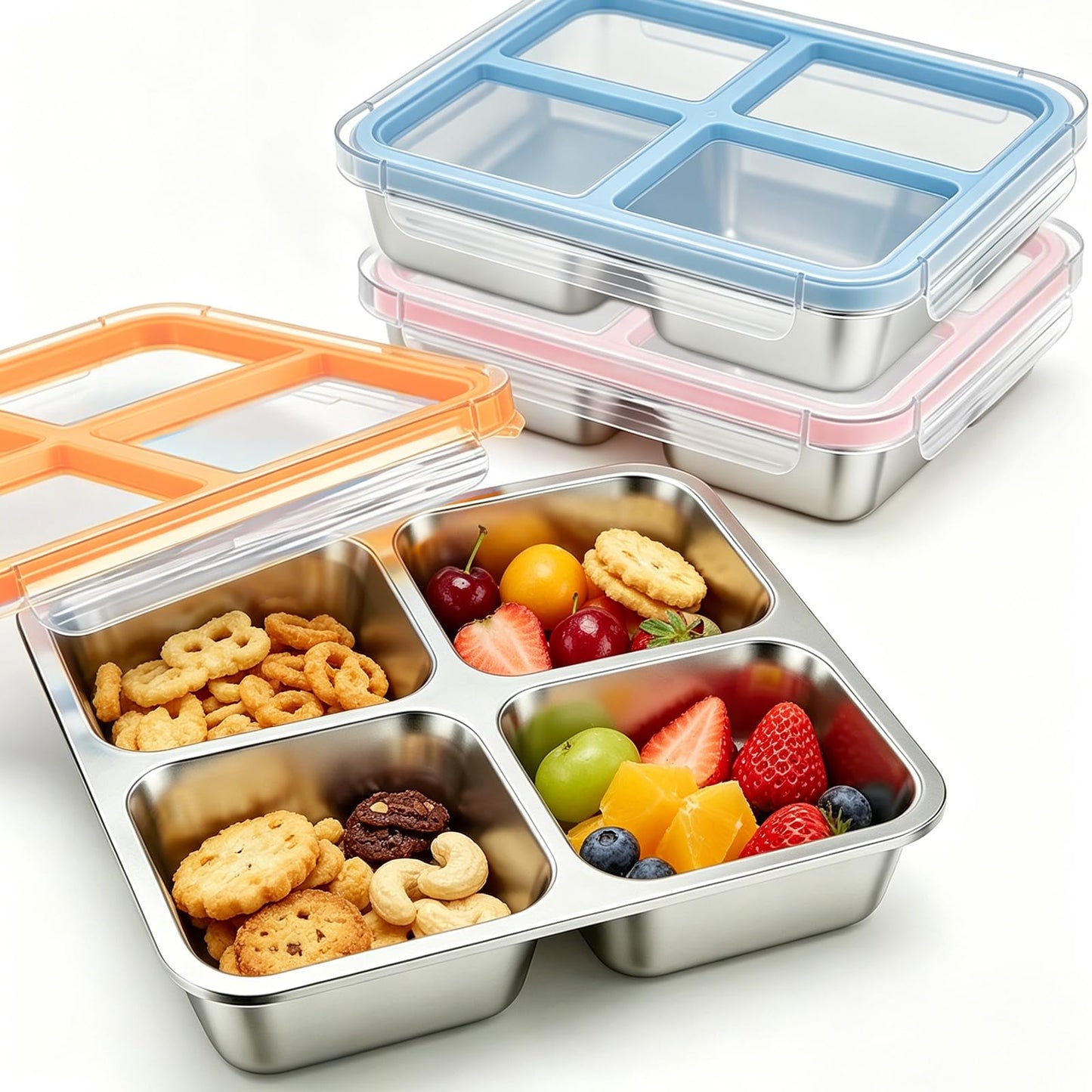 WOODOUNAI 3 Pack Stainless Steel Snack Containers with Lids, 4 Compartment 24.3 Oz Easy Open Leak Proof Stainless Steel Lunch Box, Reusable Snack Box Container for Meal Prep School Picnic Travel