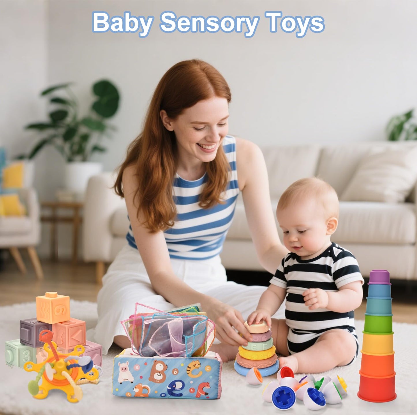 Montessori Baby Toy for 6 to12 Months,6 in 1 Montessori Sensory Toys for 1 Year Old,Baby Stacking Building Block Cups & Rings,Pull String Toy Magic Tissue Box for Toddlers 6-9-12 Months Boy Girl Gift