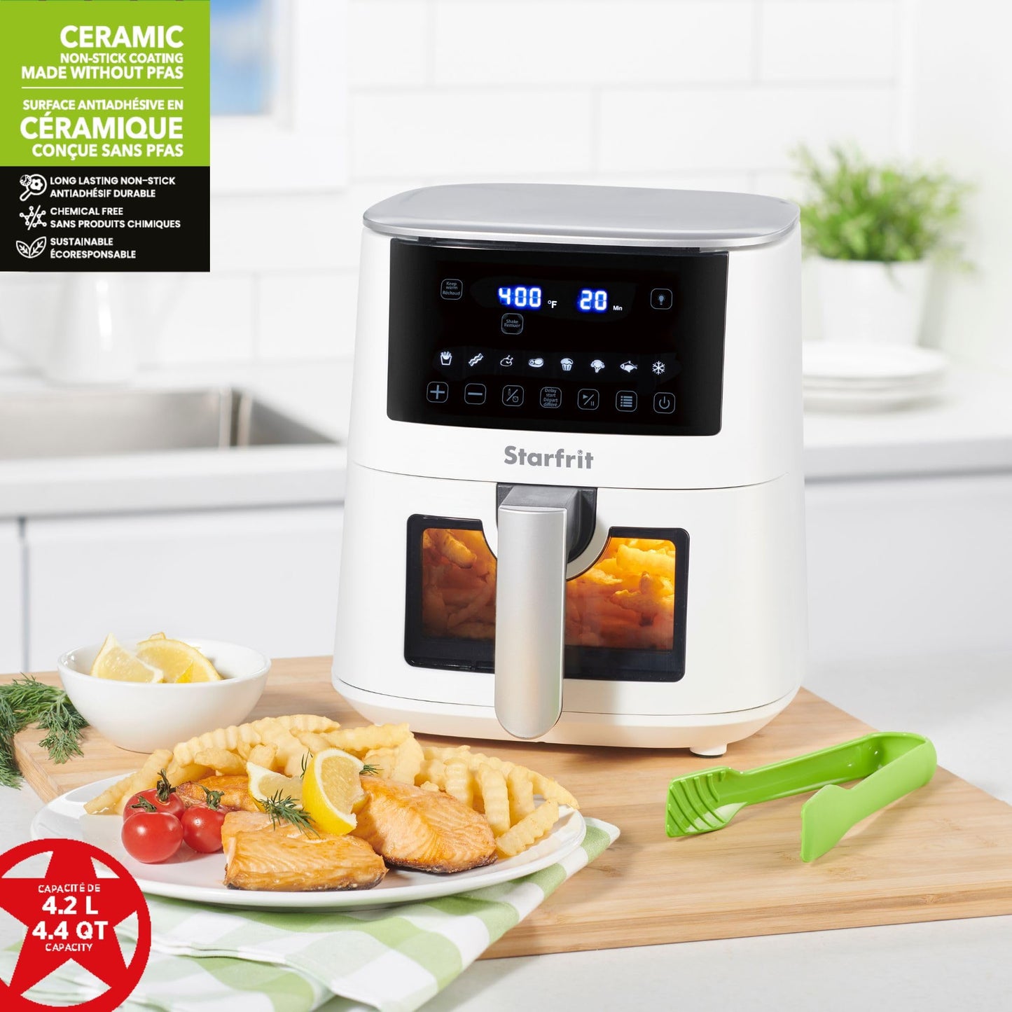 Starfrit Electric Digital Air Fryer - 4.2L Capacity - Ceramic Non-Stick Surface - 8 Preset Functions - Viewing Window -1400W