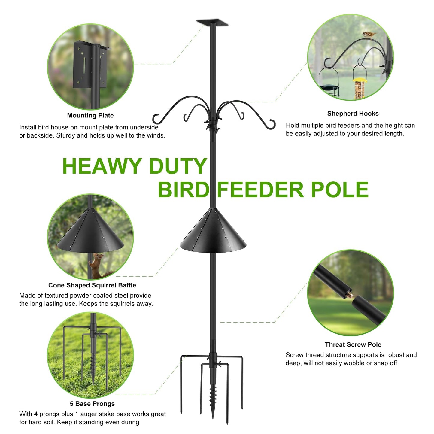 92 Inch Smart Bird Feeders Pole for Outdoor, Heavy Duty Bird House Pole Mount Kit Bird Feeding Station Kit with Squirrel Guard Baffle 4 Hanging Shepherds Hooks for Attracting Wild Birds