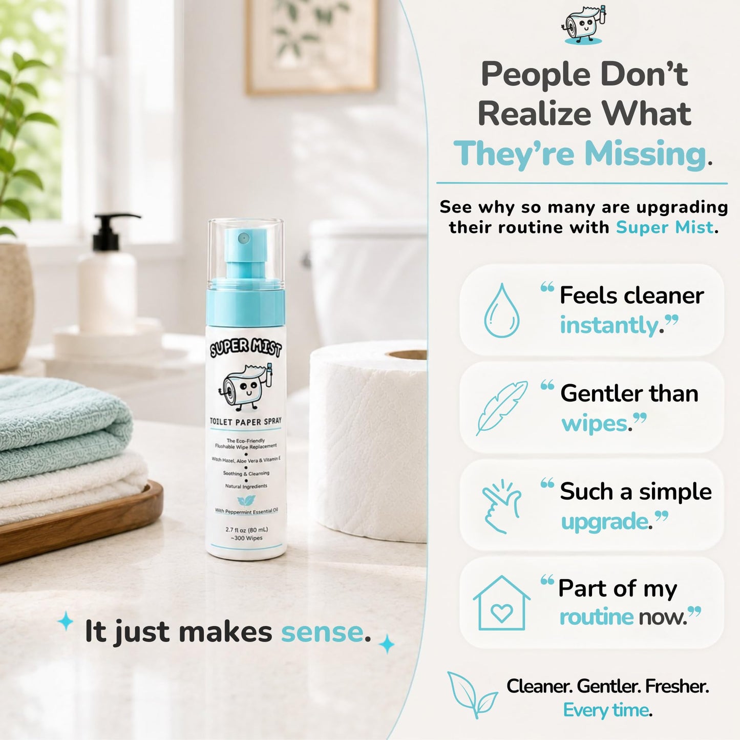Super Mist Toilet Paper Spray Refill (500mL) – Upgrade Toilet Paper for a Fresher, Cleaner Feel | A Better Hygiene Experience | Soothing Witch Hazel & Aloe Formula | Refills 6+ Bottles